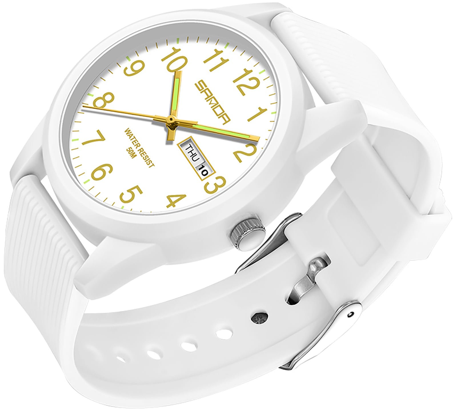 Findtime Day Date Watches for Men Easy Read Dial with Luminous Analog Second Hand Gold Arabic Numerals Waterproof White Silicone Band