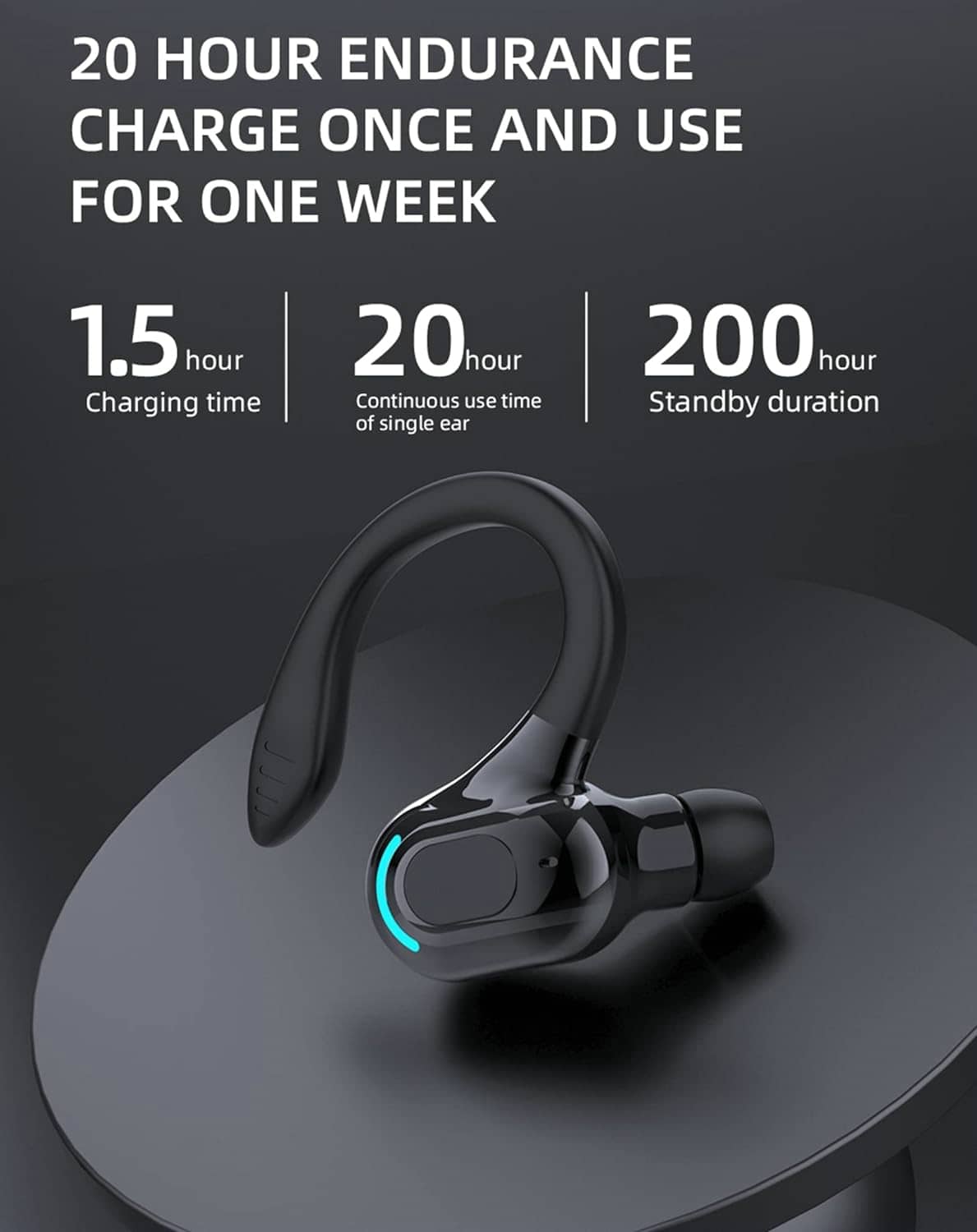 Wireless Earbuds with Earhooks Single Bluetooth Earpiece Sports Headphones Over the Ear Running Workout Wrap Around Earbuds 20H Long Battery Life Waterproof Noise Cancelling Headset for Android iOS