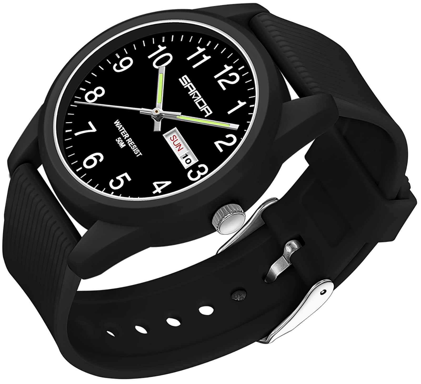 Findtime Day Date Watches for Men Easy Read Dial with Luminous Analog Second Hand Gold Arabic Numerals Waterproof White Silicone Band