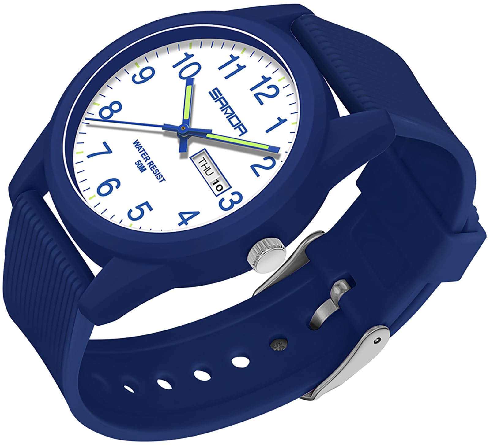 Findtime Day Date Watches for Men Easy Read Dial with Luminous Analog Second Hand Gold Arabic Numerals Waterproof White Silicone Band