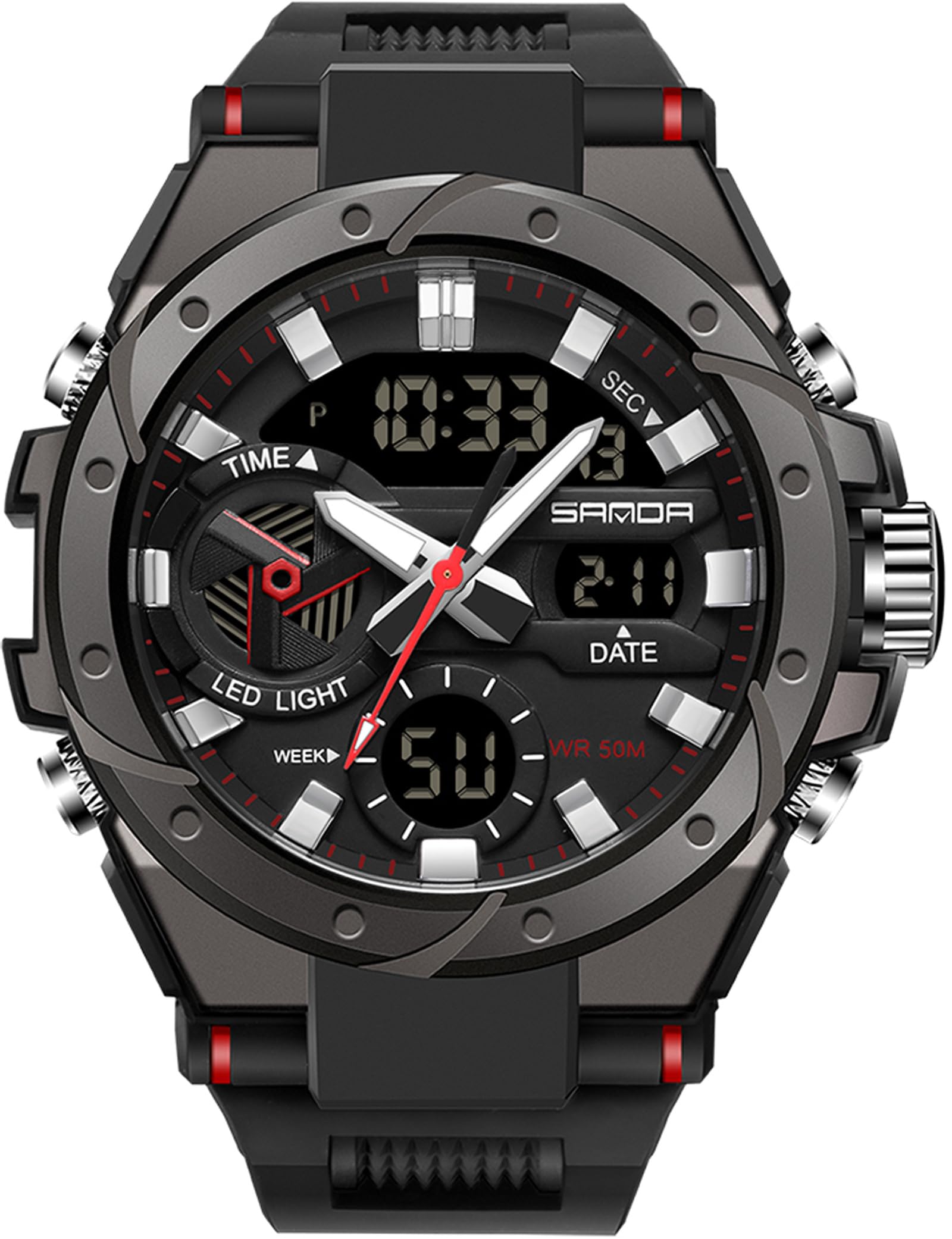 Findtime Mens Digital Analog Watches for Men, Men's Sports Outdoor Watch Military Tactical Wristwatch with Alarm Water Shock Resistant Date Dual Display Stopwatch