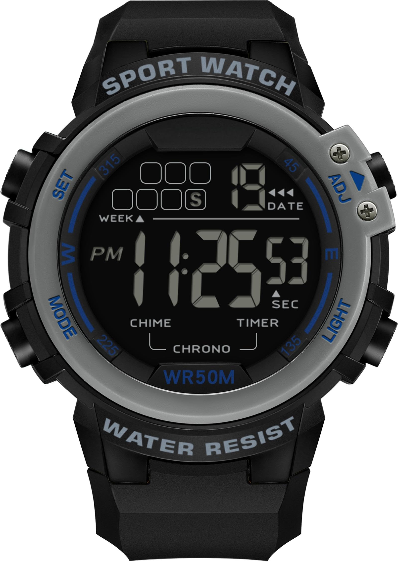 Findtime Sports Watches for Men Digital, Big Face LED Dial Easy to Read Time Wrist Watch with Countdown Timer Dual Time 5Bar Waterproof