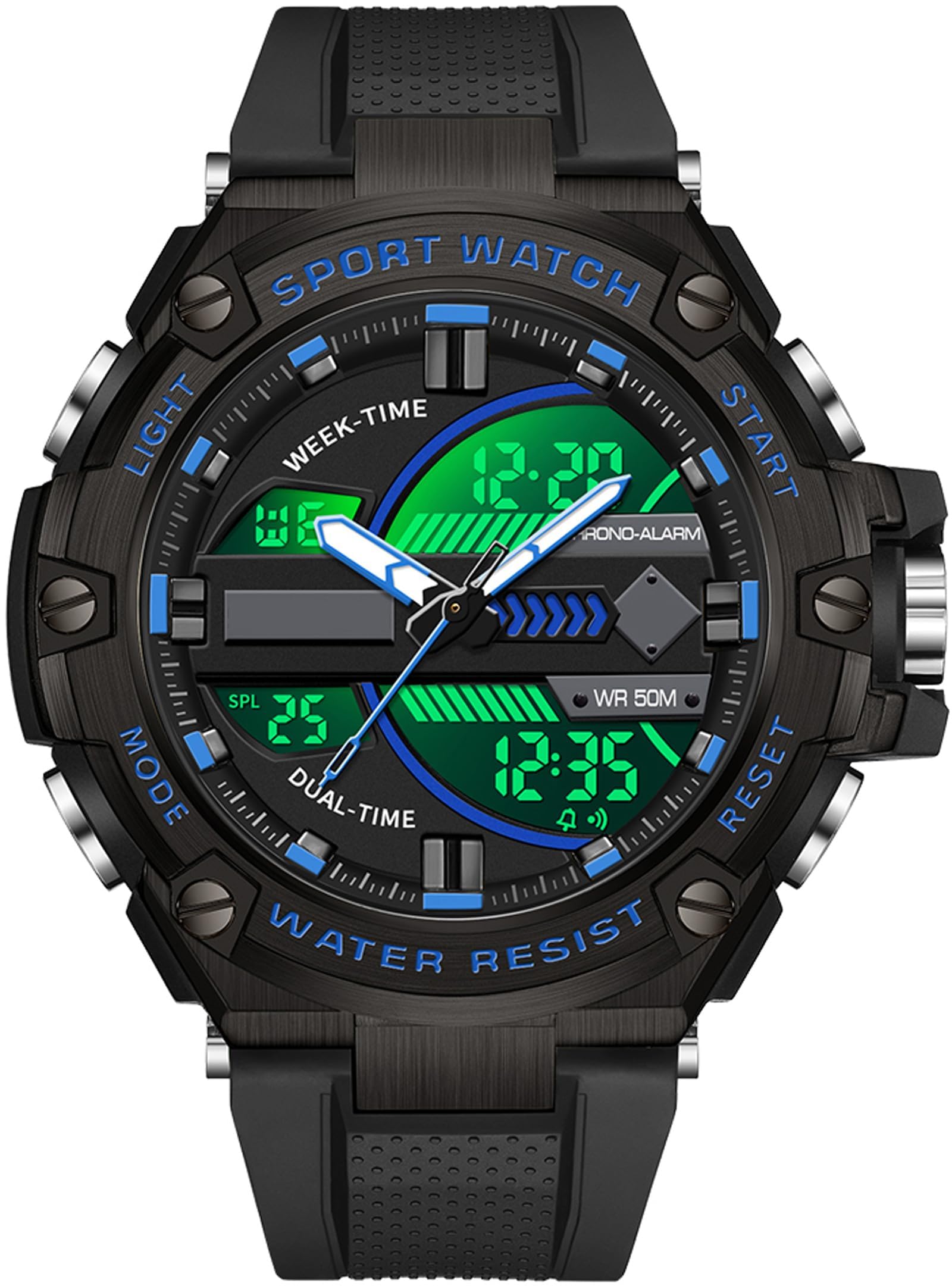 Findtime Running Mens Watches Military Tactics, 5ATM Waterproof Sports Outdoor Watch for Men Swimming Analog Digital Led Large Face Dual Dial Time Display Electronic Wristwatch White