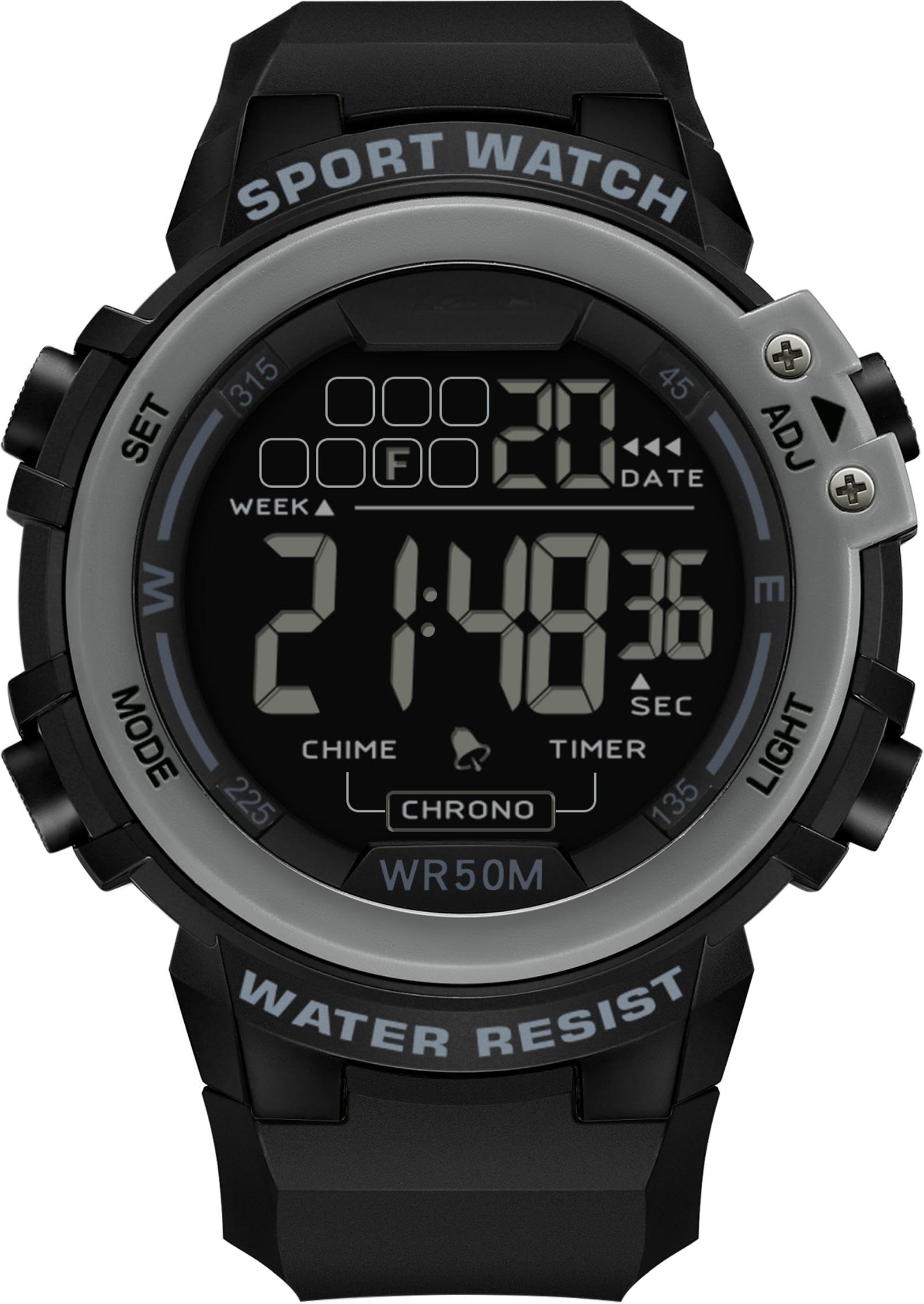 Findtime Sports Watches for Men Digital, Big Face LED Dial Easy to Read Time Wrist Watch with Countdown Timer Dual Time 5Bar Waterproof