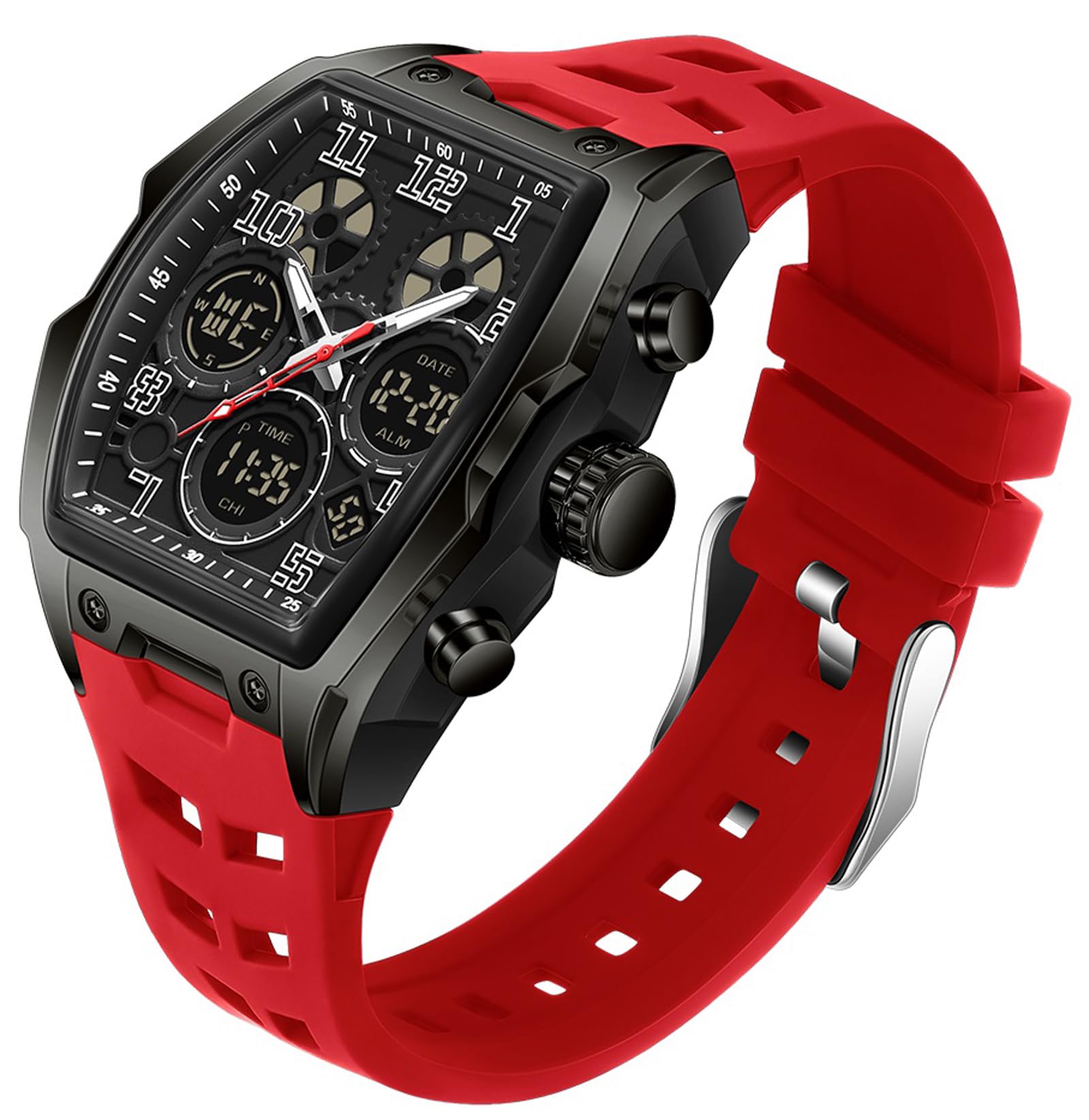 Findtime Mens Watches for Men Digital Analog Watch Triple Time Zone LED Backlight Alarm Stopwatch Silicone Strap 5ATM Waterproof for Travel/Sport/Business Easy Read Fashion Birthdays Gift for Him