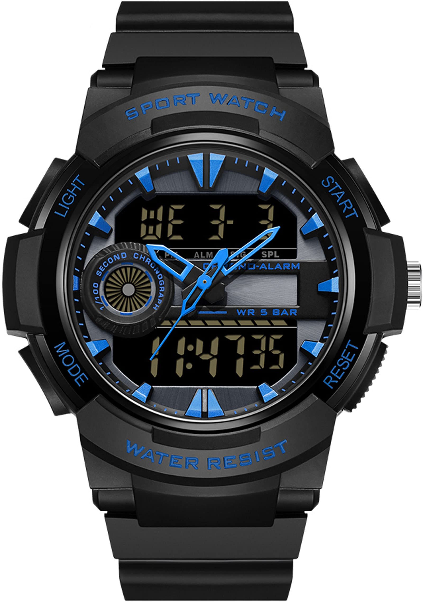 Findtime Men Analog Digital Sports Watch, Large Face Dual Display 5ATM Waterproof Stopwatch for Men Military Outdoor Tactical Army Wristwatch LED 12/24H