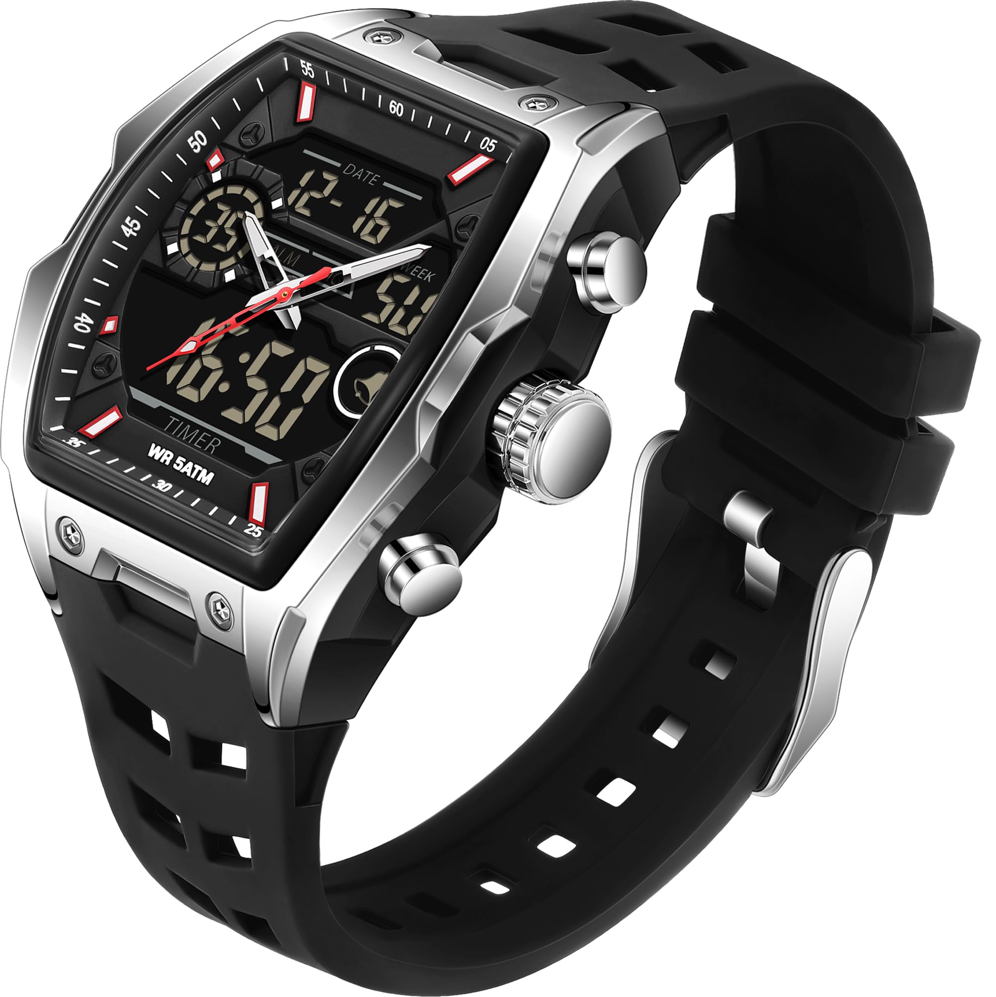 Findtime Men's Watch Sport Waterproof Watches Military Square Digital Analog Wrist Watch Unique Fashion Tactical Watches with LED Stopwatch Countdown Alarm Curved Screen