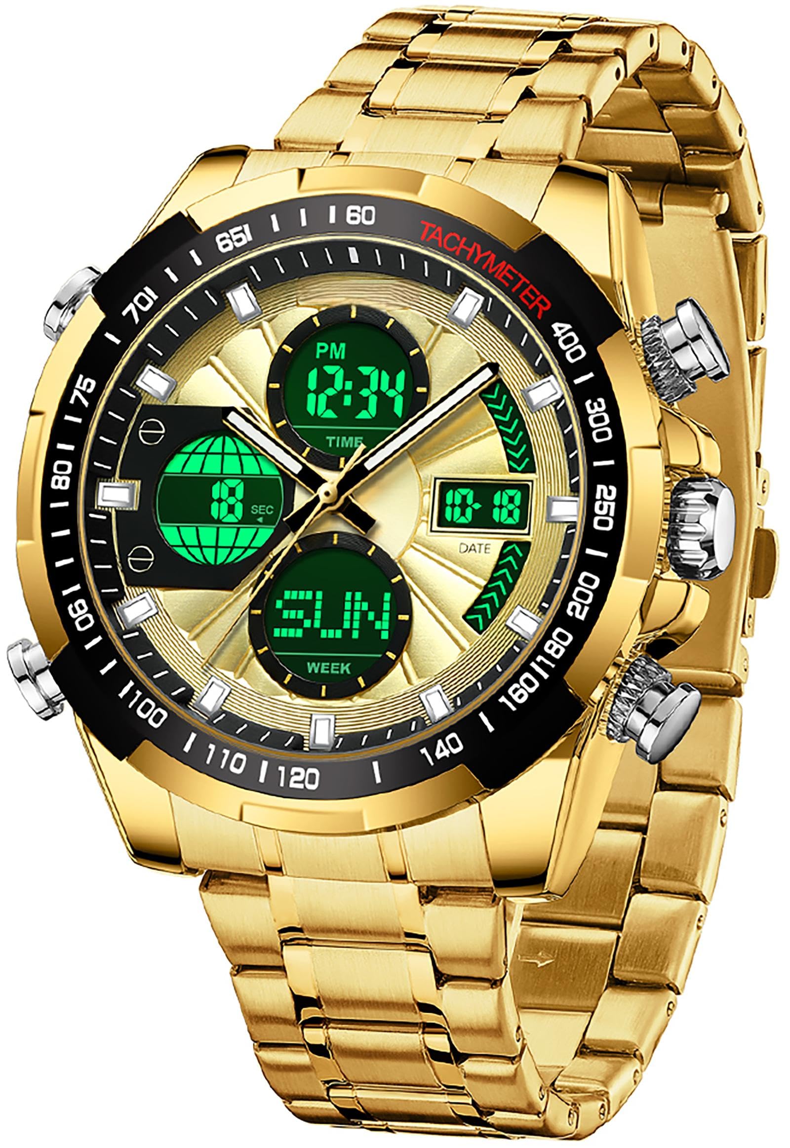 Luxury Stainless Steel Watches for Men Gold Digital Analog Mens Watch with Countdown Alarm Three Time Zone Waterproof Classic Business Wristwatch