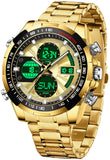 Luxury Stainless Steel Watches for Men Gold Digital Analog Mens Watch with Countdown Alarm Three Time Zone Waterproof Classic Business Wristwatch