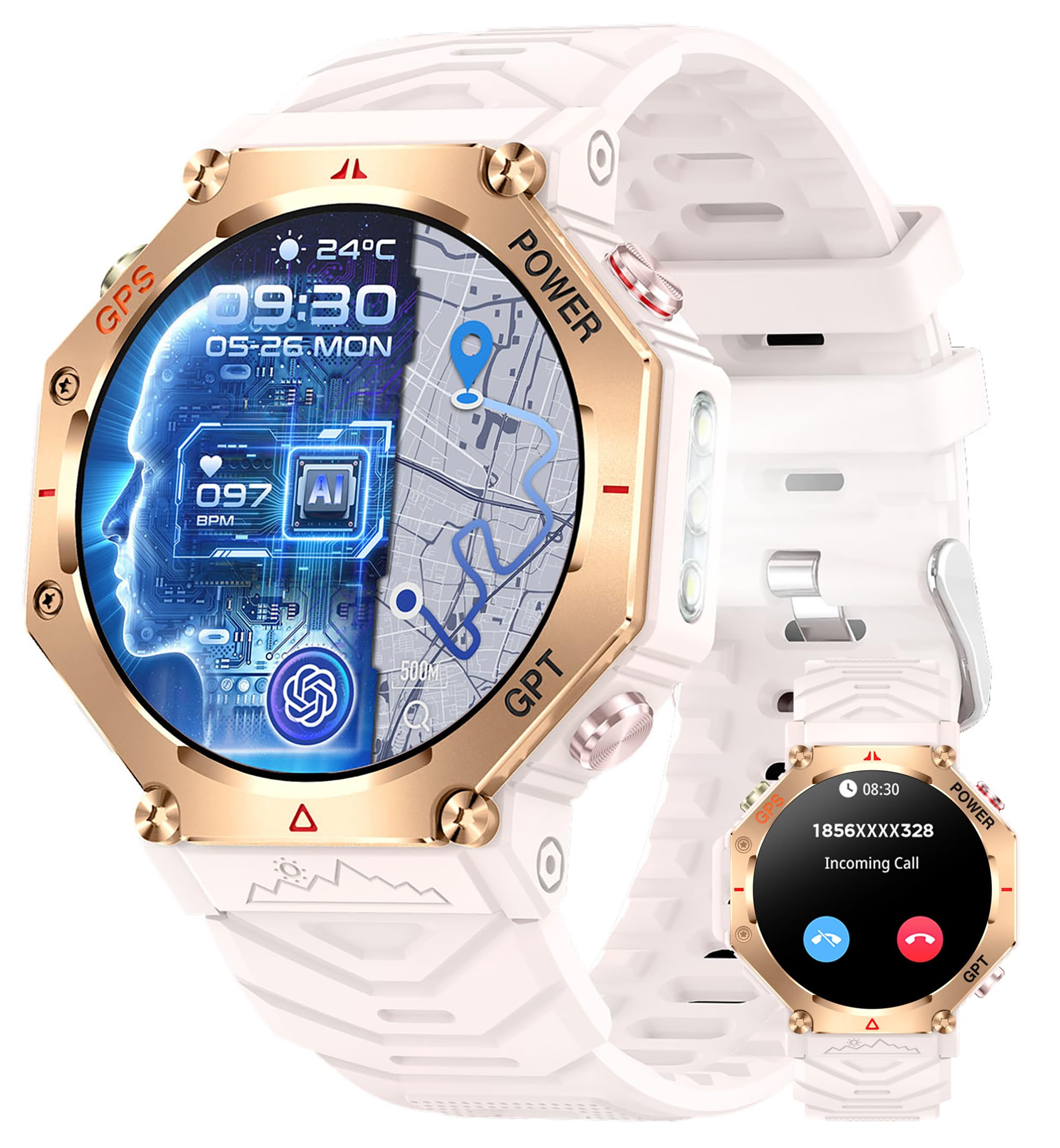 GPS Smart Watches for Men Military Altimeter Barometer Compass Bluetooth Calls Sports Modes Flashlight Smart Watch Heart Rate Sleep Monitor Message Reminder