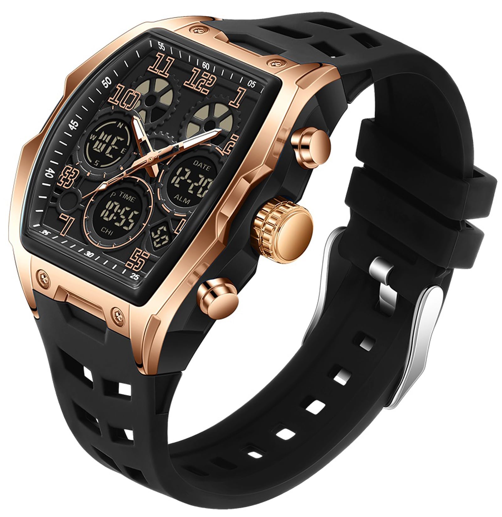 Findtime Mens Watches for Men Digital Analog Watch Triple Time Zone LED Backlight Alarm Stopwatch Silicone Strap 5ATM Waterproof for Travel/Sport/Business Easy Read Fashion Birthdays Gift for Him