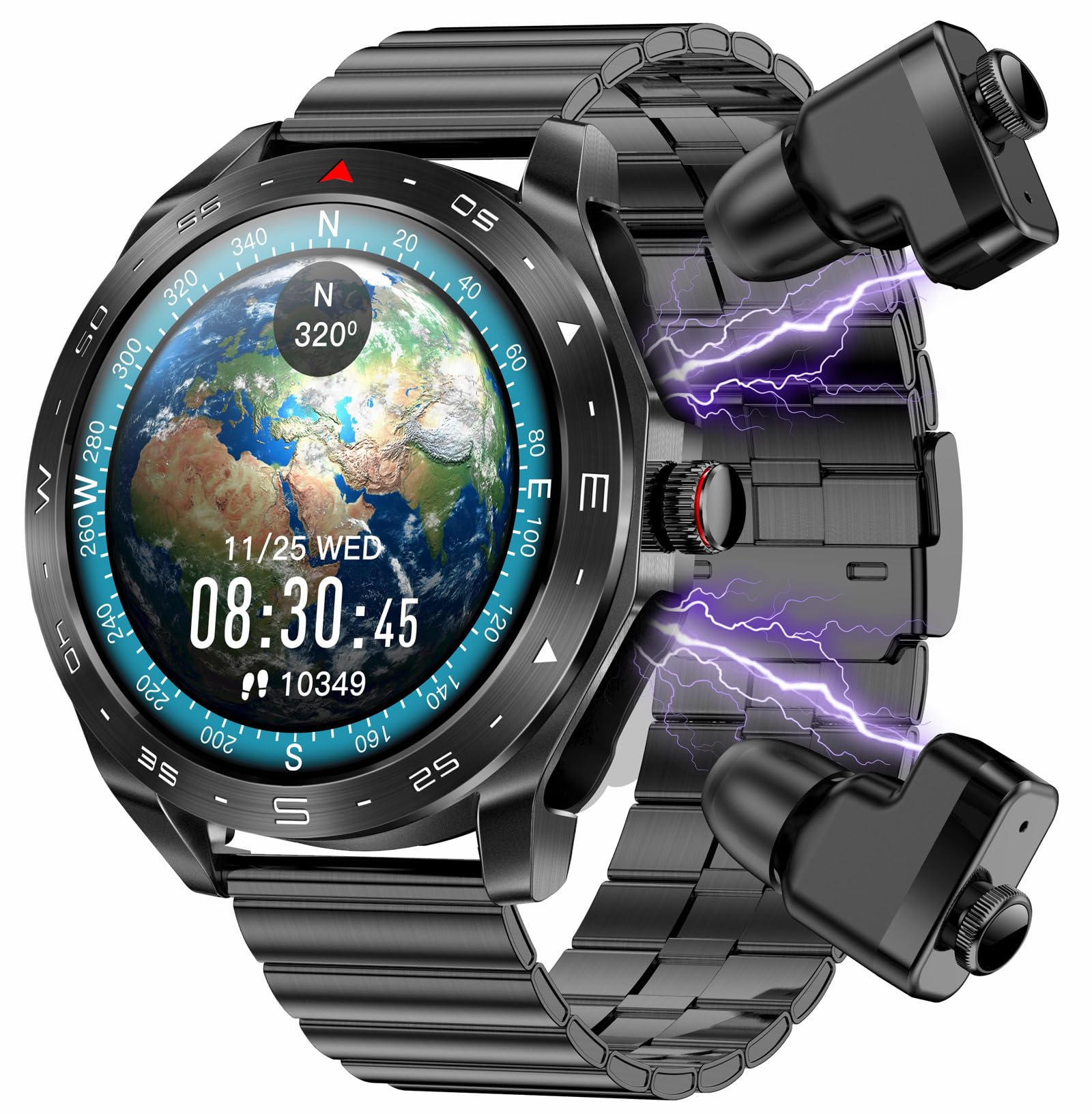 Smart Watches for Men with Wireless Earbuds Waterproof Men Watches HiFi Headphones Blood Pressure Monitor Heart Rate Monitor Sleep Tracker Bluetooth Call Fitness Tracker Step Counter for iOS Android