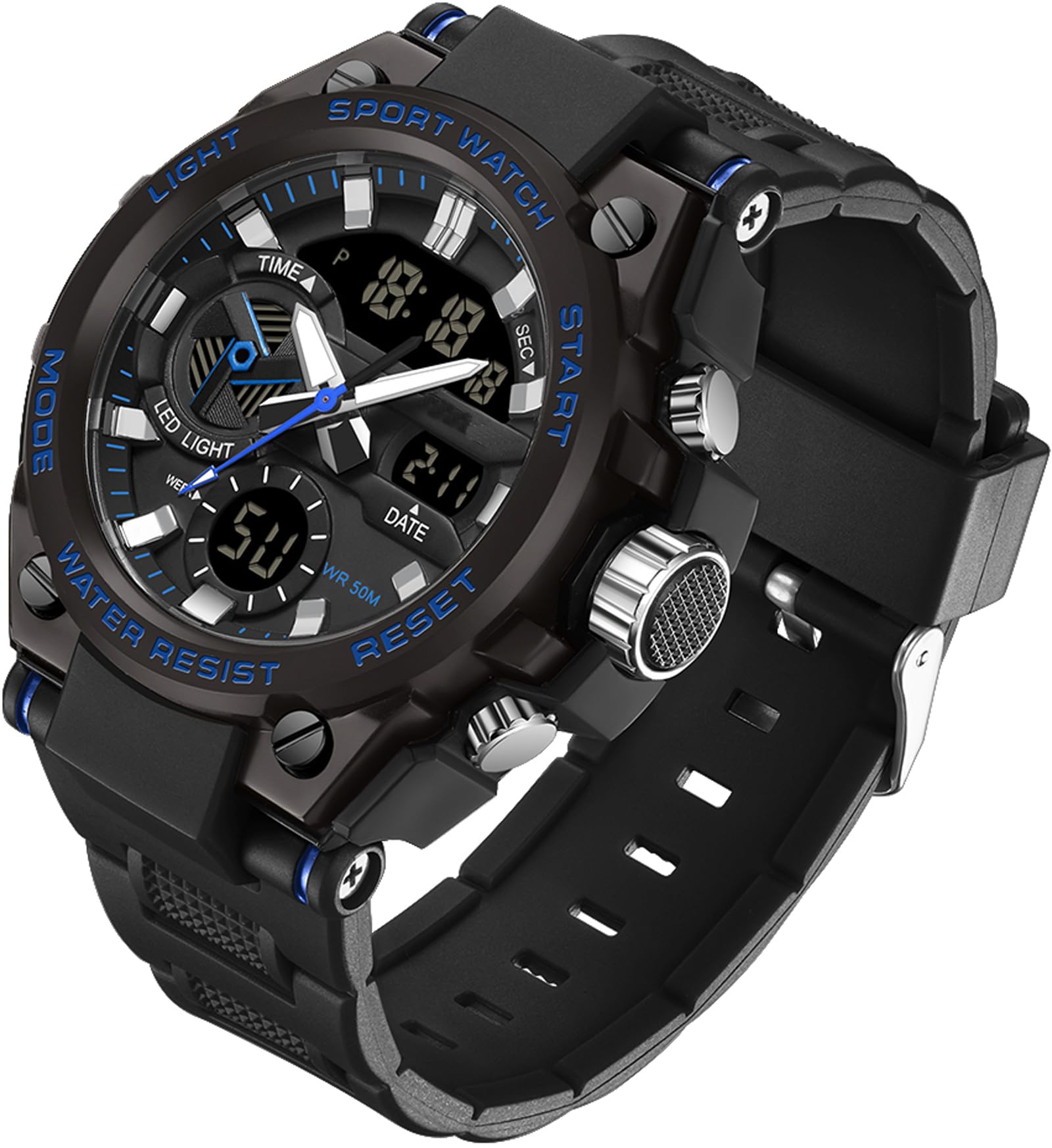 Findtime Mens Watches Military Tactical Watch for Men Digital Sports Electronics Relojes para Hombres Outdoor Stopwatch Waterproof Large Face Dual Dial Time Blue