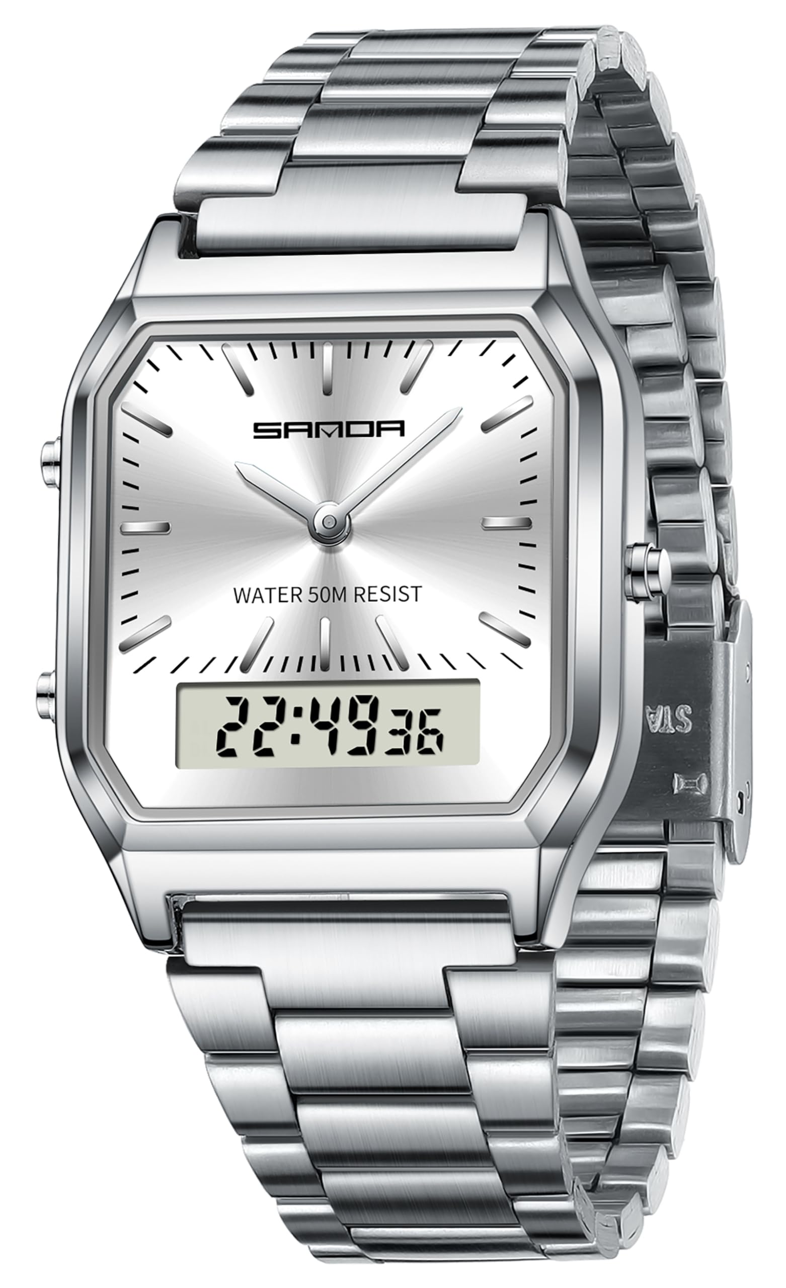 Findtime Analogue Digital Watch for Women Men 5ATM Waterproof Watch Stopwatch Alarm Wrist Watch Stainless Steel Business Silver Watch LED Backlight Casual Ladies Watch