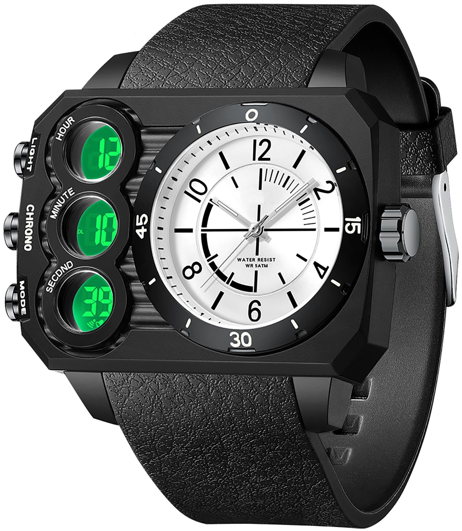 Findtime Big Face Watch for Men Square Large Face Cool Mens Watches with Three Time Zone Countdown Alarm LED Stopwatch Unique Cool Wristwatch