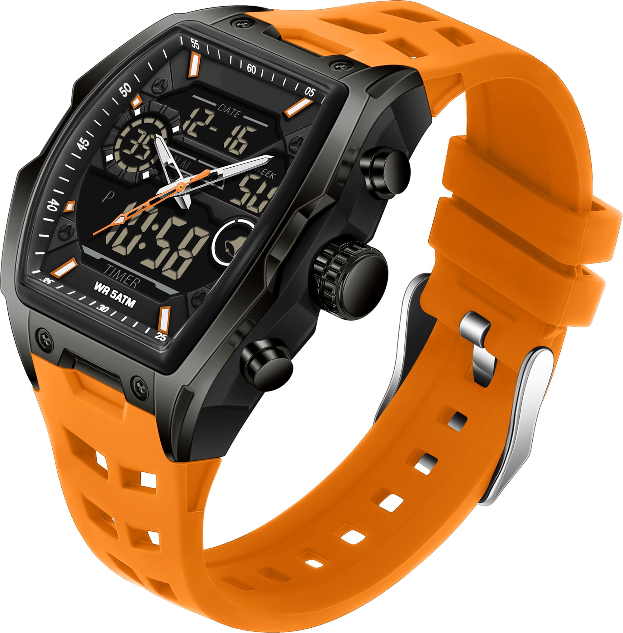Findtime Men's Watch Sport Waterproof Watches Military Square Digital Analog Wrist Watch Unique Fashion Tactical Watches with LED Stopwatch Countdown Alarm Curved Screen