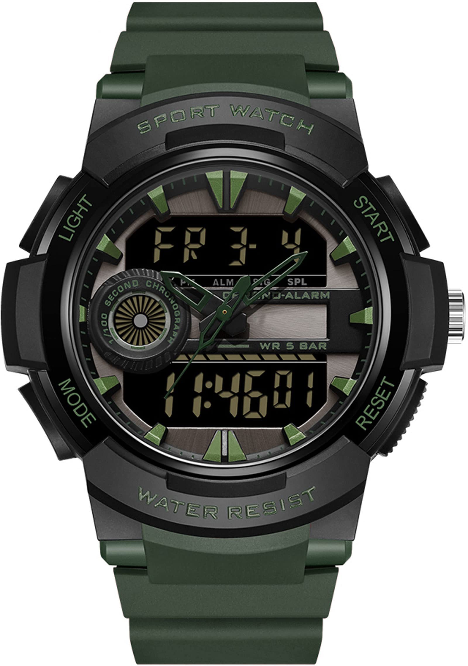 Findtime Men Analog Digital Sports Watch, Large Face Dual Display 5ATM Waterproof Stopwatch for Men Military Outdoor Tactical Army Wristwatch LED 12/24H