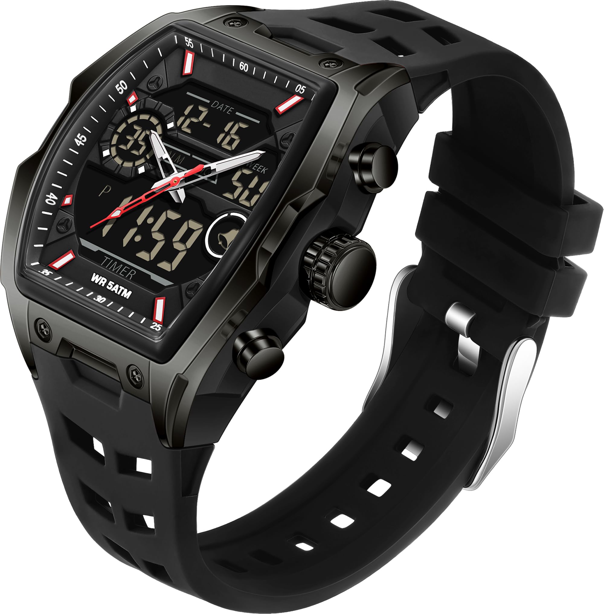 Findtime Men's Watch Sport Waterproof Watches Military Square Digital Analog Wrist Watch Unique Fashion Tactical Watches with LED Stopwatch Countdown Alarm Curved Screen