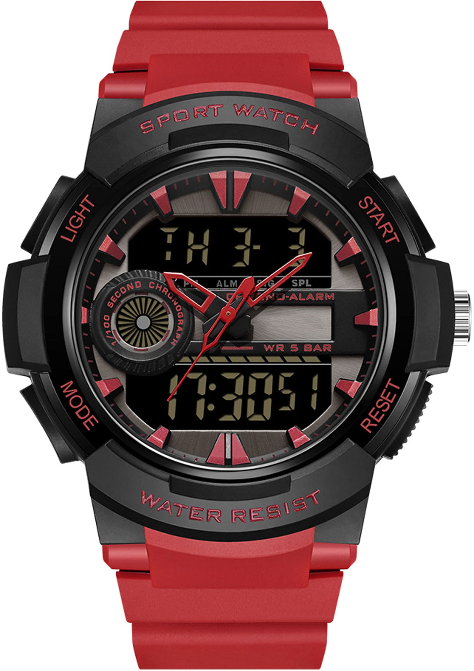 Findtime Men Analog Digital Sports Watch, Large Face Dual Display 5ATM Waterproof Stopwatch for Men Military Outdoor Tactical Army Wristwatch LED 12/24H
