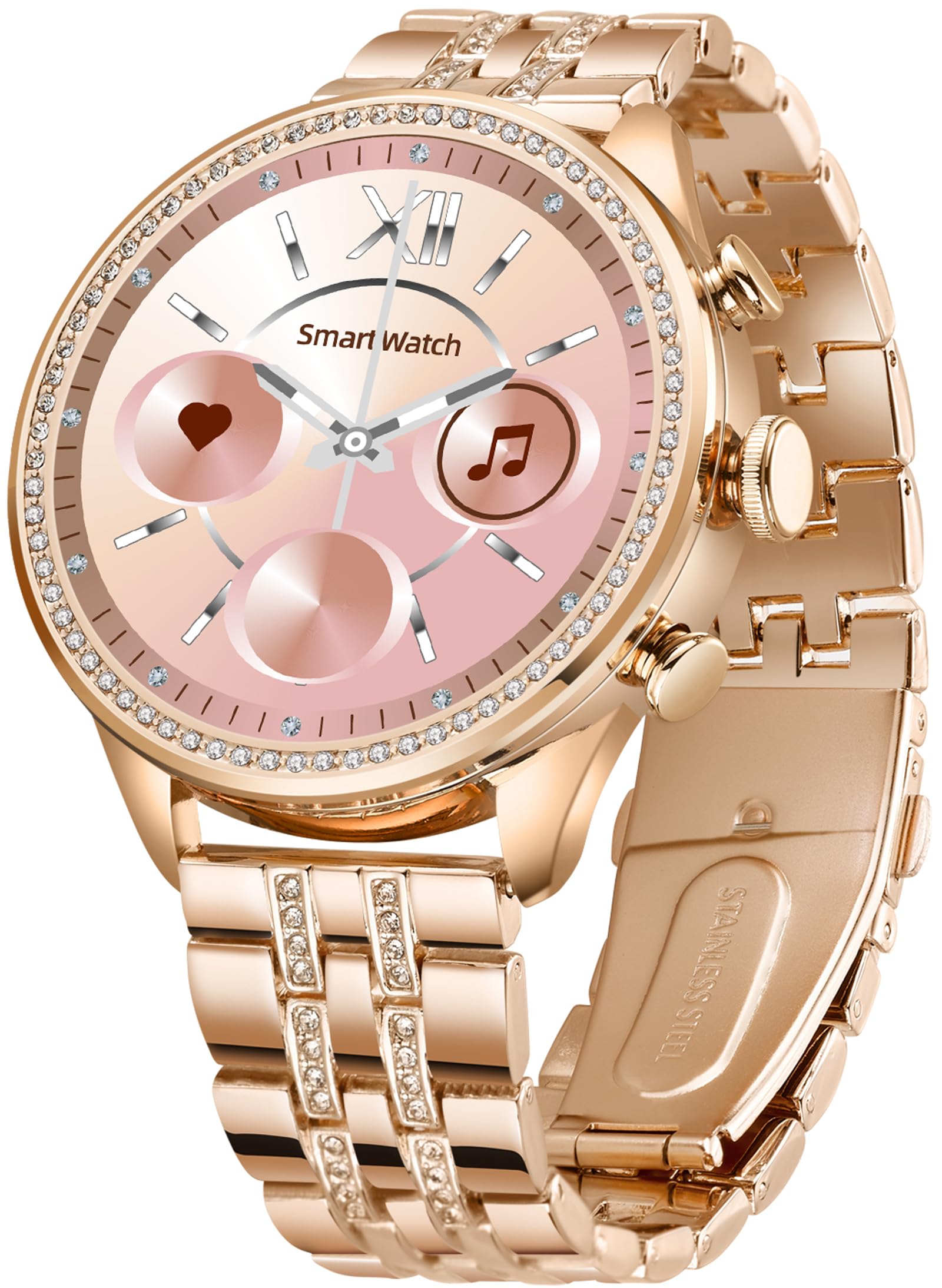Rose Gold Ladies Smart Watch Bracelet Elegant Fitness Tracker Pedometer Calorie Sleep Monitor Heart Rate Exercise Stainless Steel Wristband