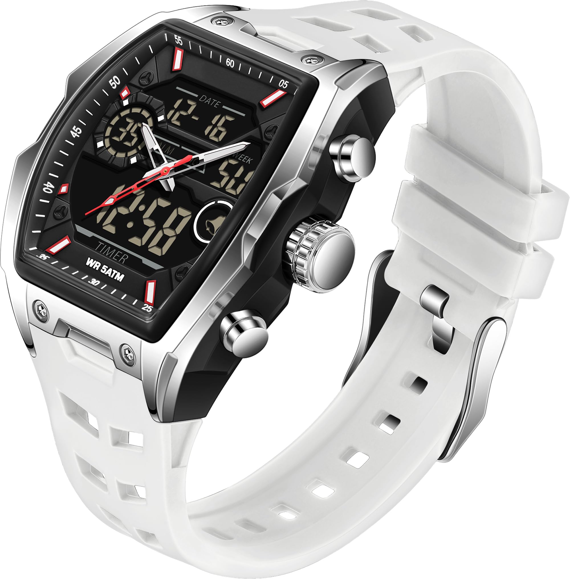 Findtime Men's Watch Sport Waterproof Watches Military Square Digital Analog Wrist Watch Unique Fashion Tactical Watches with LED Stopwatch Countdown Alarm Curved Screen