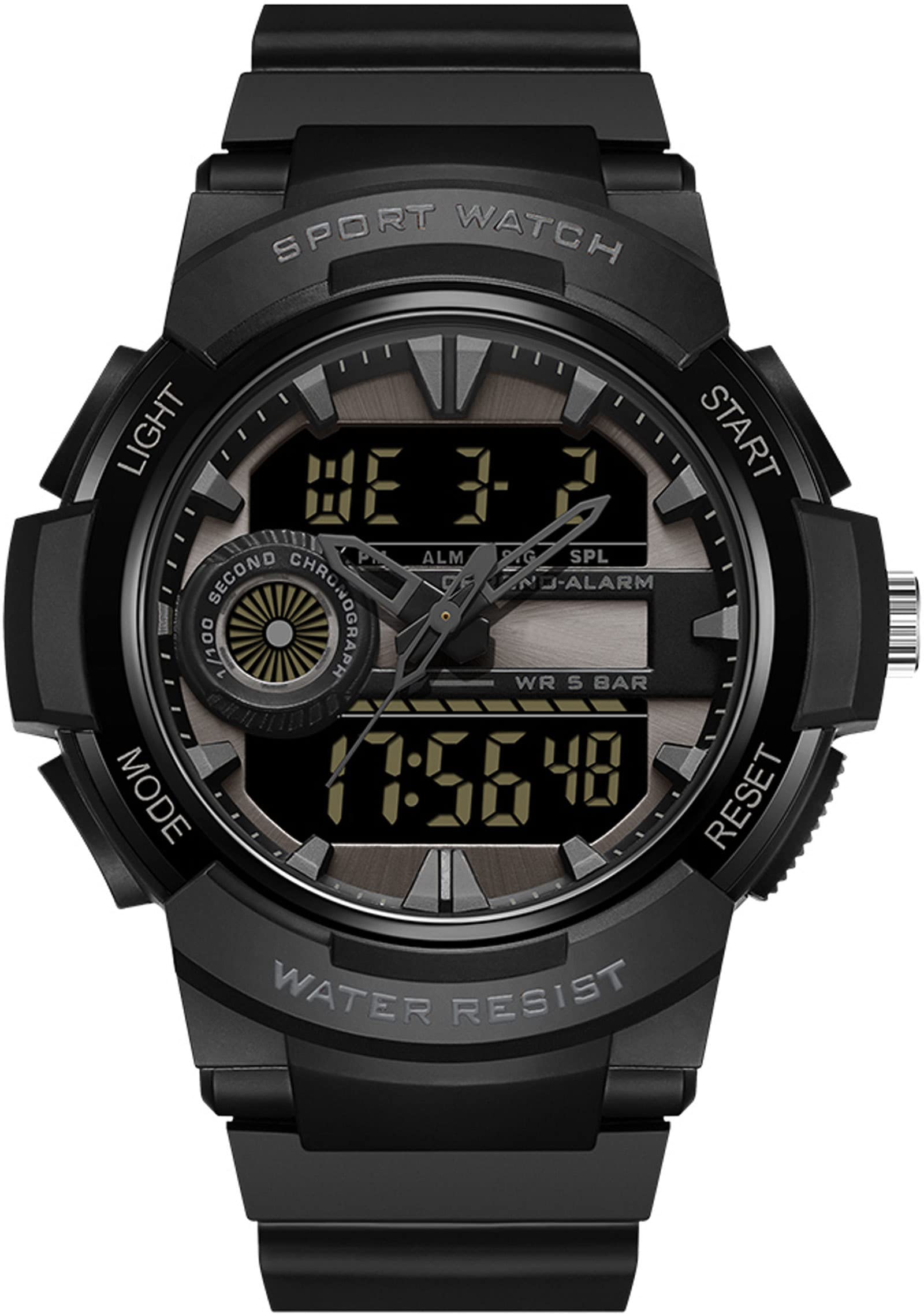 Findtime Men Analog Digital Sports Watch, Large Face Dual Display 5ATM Waterproof Stopwatch for Men Military Outdoor Tactical Army Wristwatch LED 12/24H