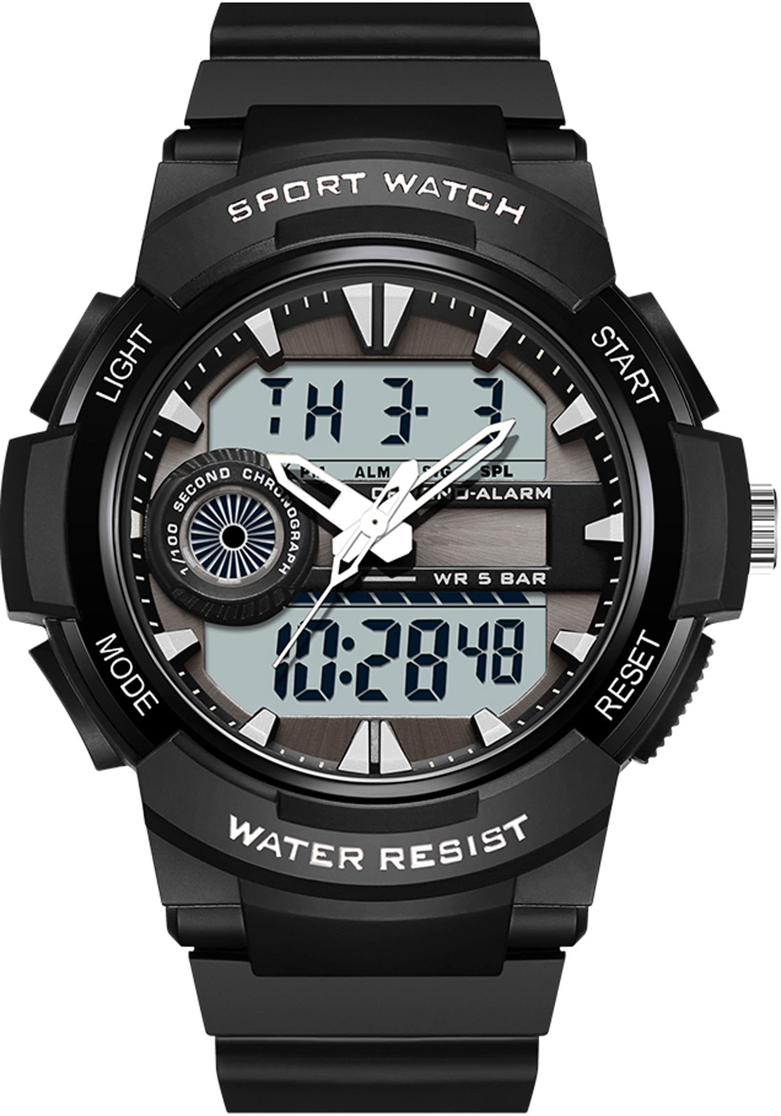 Findtime Men Analog Digital Sports Watch, Large Face Dual Display 5ATM Waterproof Stopwatch for Men Military Outdoor Tactical Army Wristwatch LED 12/24H