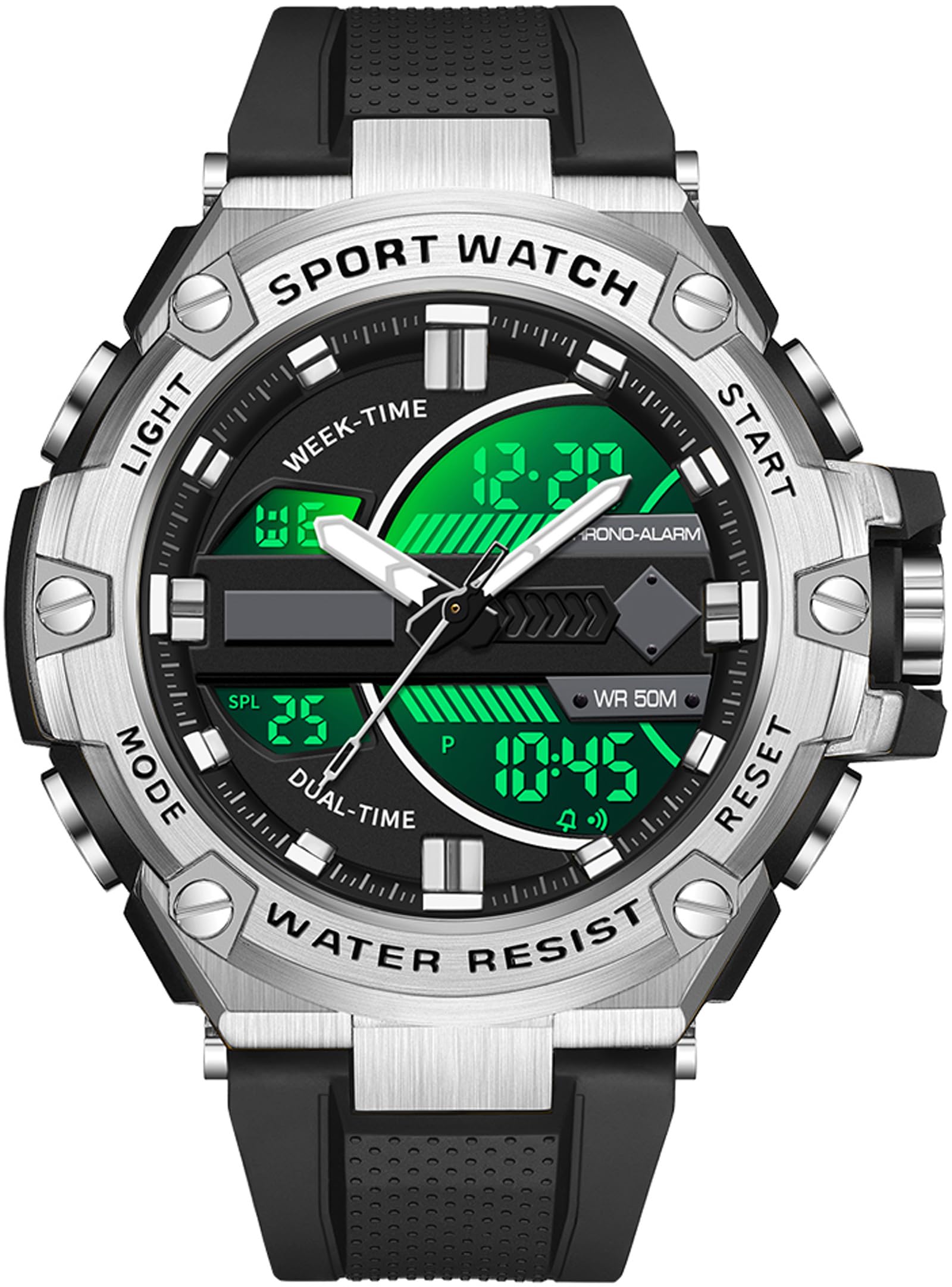 Findtime Running Mens Watches Military Tactics, 5ATM Waterproof Sports Outdoor Watch for Men Swimming Analog Digital Led Large Face Dual Dial Time Display Electronic Wristwatch White