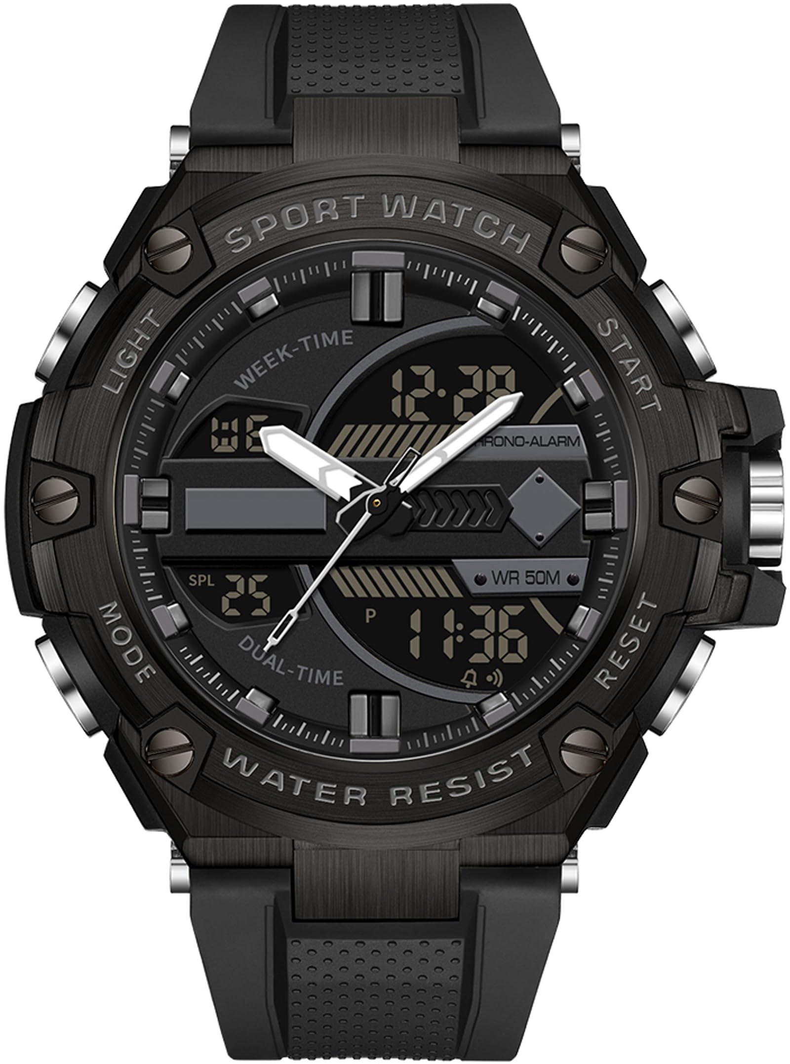 Findtime Running Mens Watches Military Tactics, 5ATM Waterproof Sports Outdoor Watch for Men Swimming Analog Digital Led Large Face Dual Dial Time Display Electronic Wristwatch White