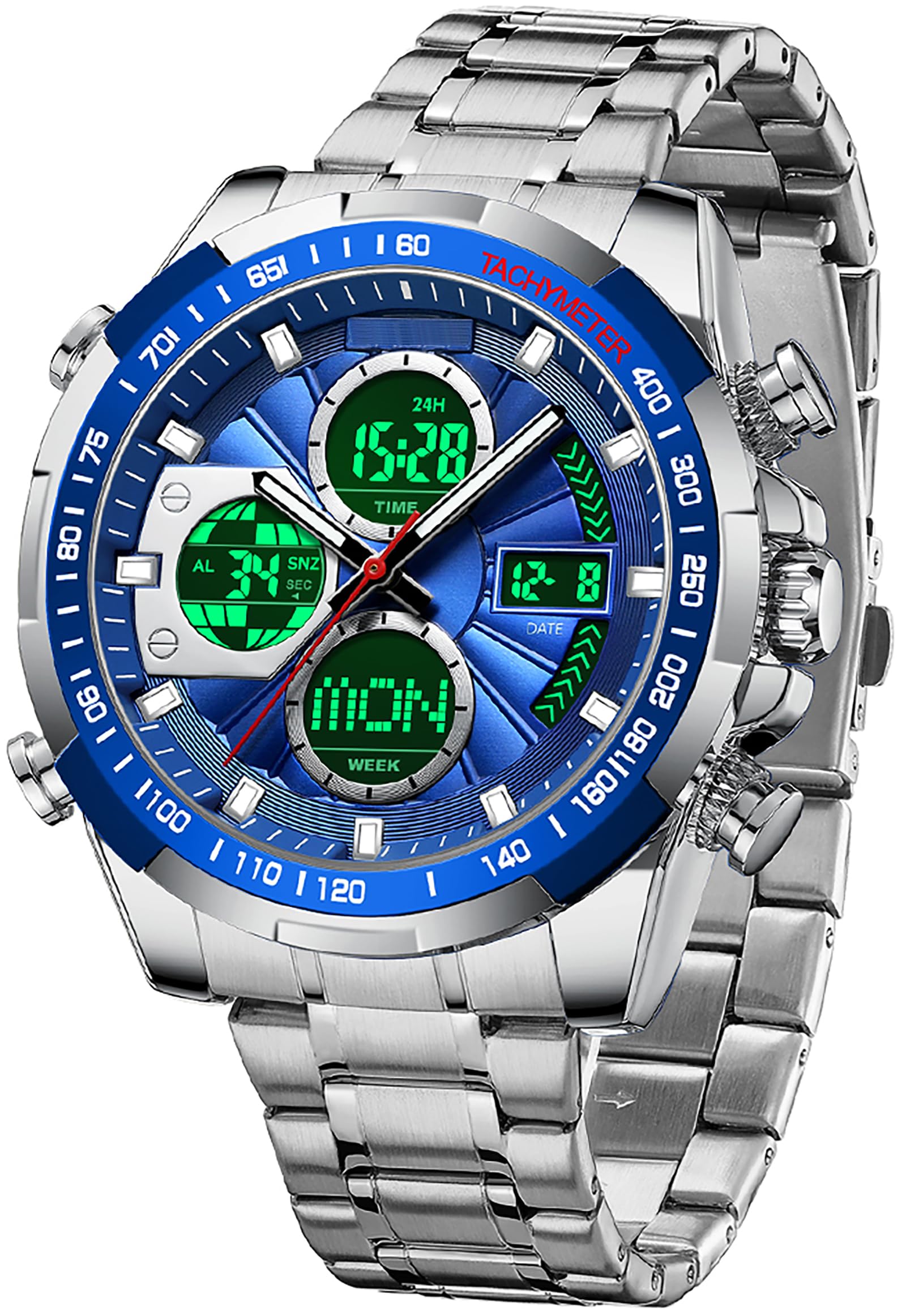 Luxury Stainless Steel Watches for Men Gold Digital Analog Mens Watch with Countdown Alarm Three Time Zone Waterproof Classic Business Wristwatch