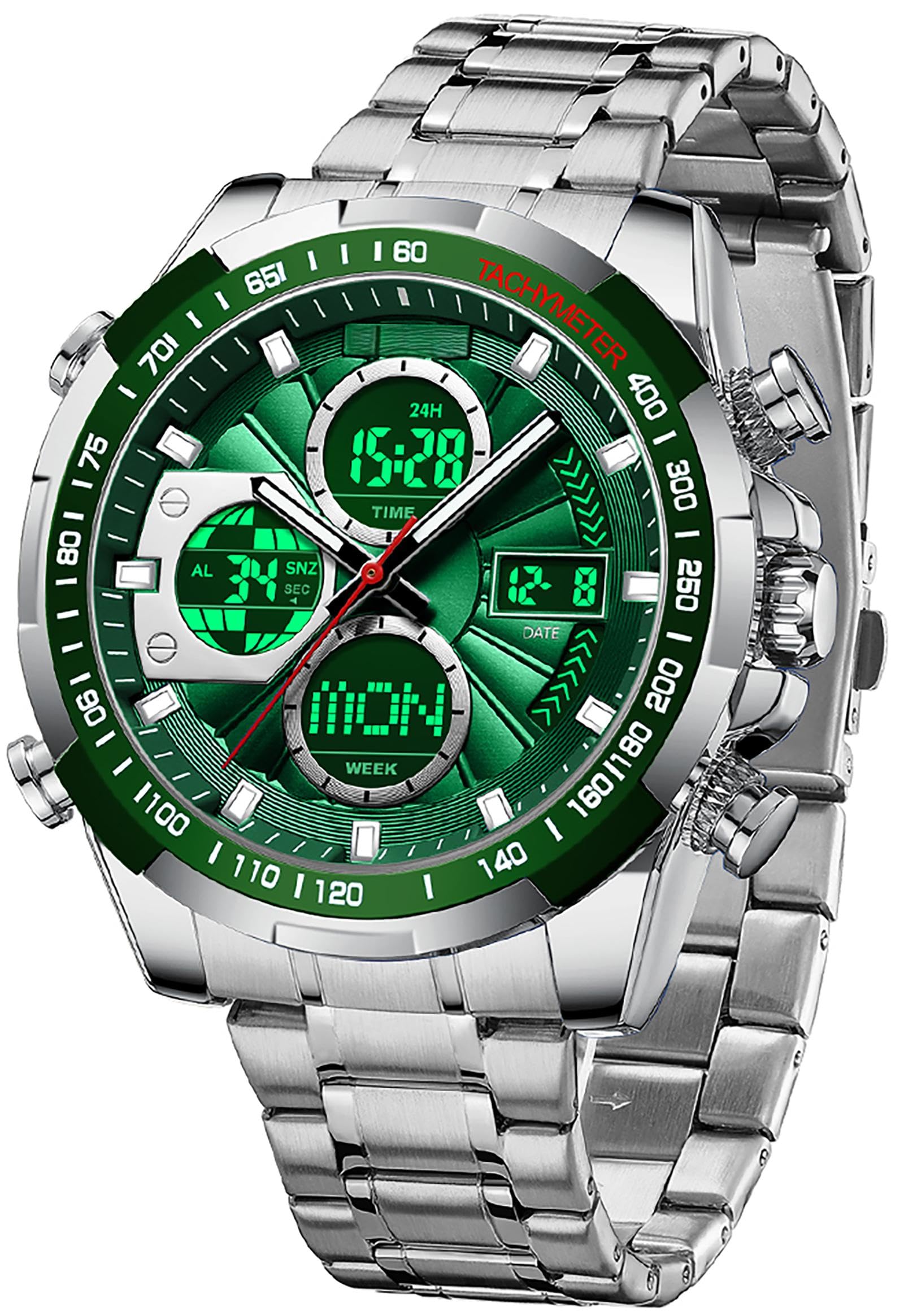 Luxury Stainless Steel Watches for Men Gold Digital Analog Mens Watch with Countdown Alarm Three Time Zone Waterproof Classic Business Wristwatch