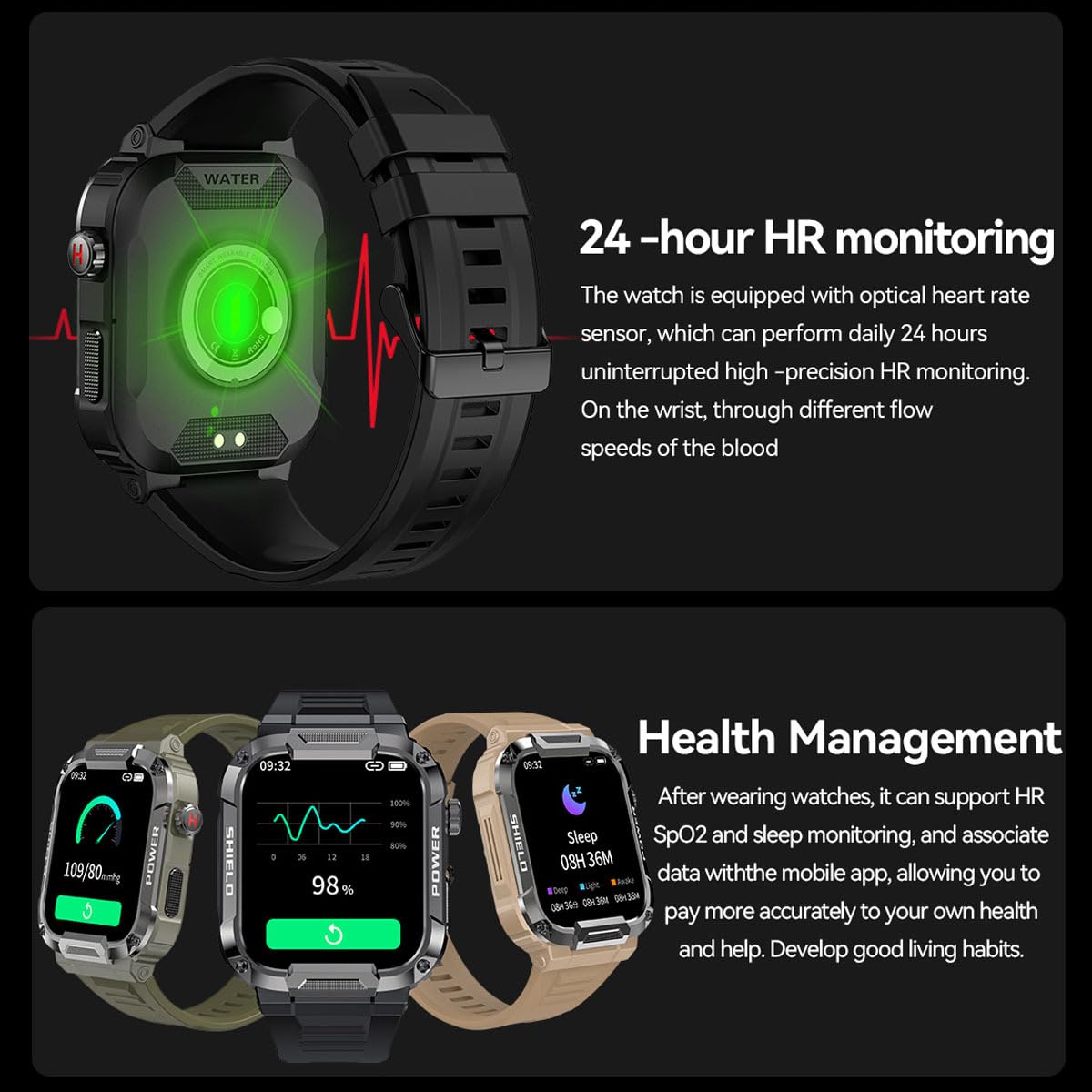 1.85" Large Screen Smart Watch for Men Android Military Smart Watches Mens Make/Answer Calls,Heart Rate,Sleep,Blood Oxygen Monitor Sports Running Activity Tracker