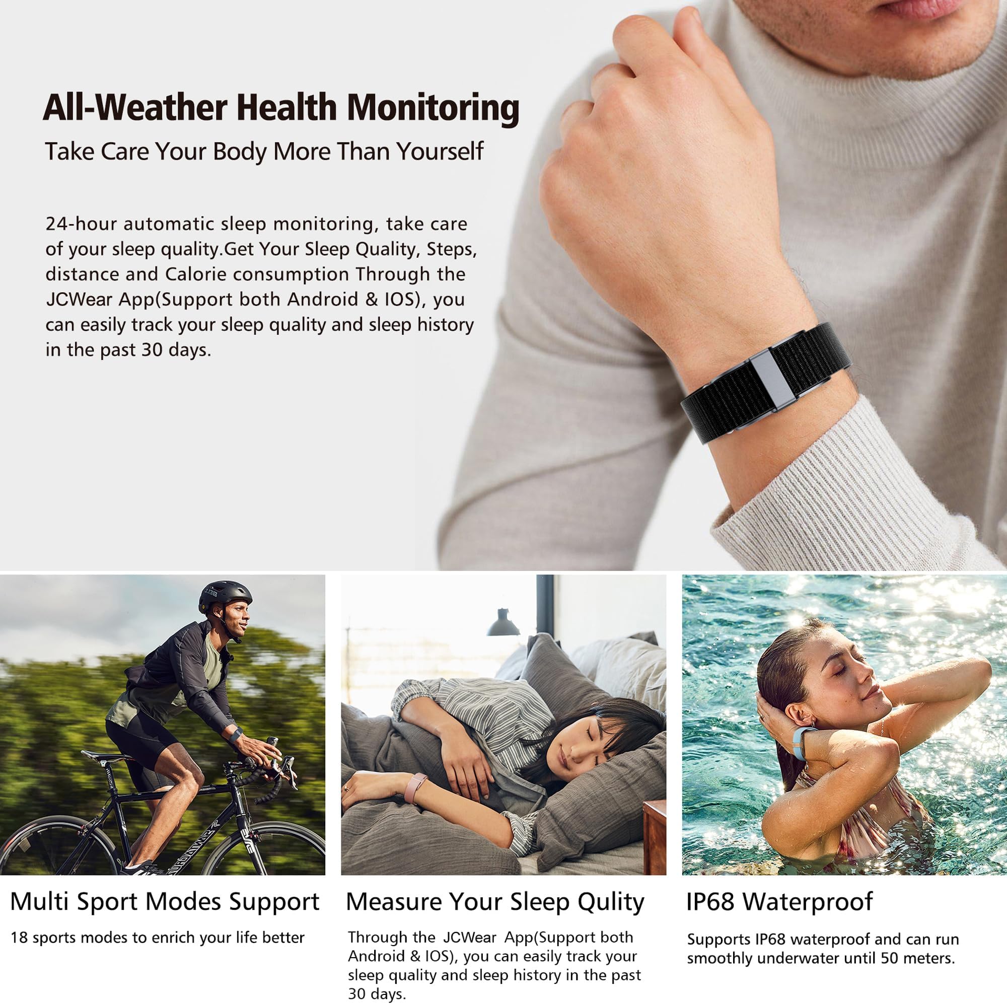Smart Bracelet Fitness Tracker Health Wristband Heart Rate Monitor Sleep Tracker Step Counter Calories Pedometer Waterproof Wearable Activity Tracker for Men Women, No Subscription Fee
