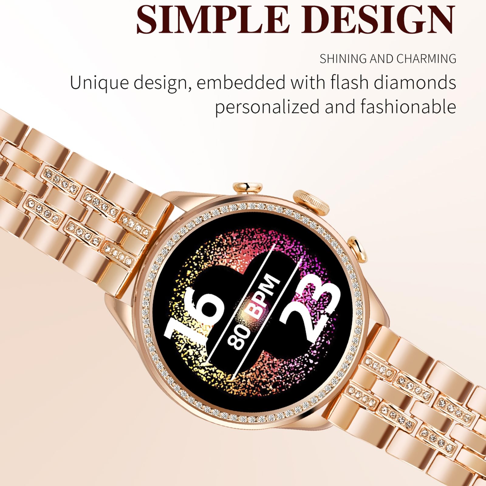 Rose Gold Ladies Smart Watch Bracelet Elegant Fitness Tracker Pedometer Calorie Sleep Monitor Heart Rate Exercise Stainless Steel Wristband