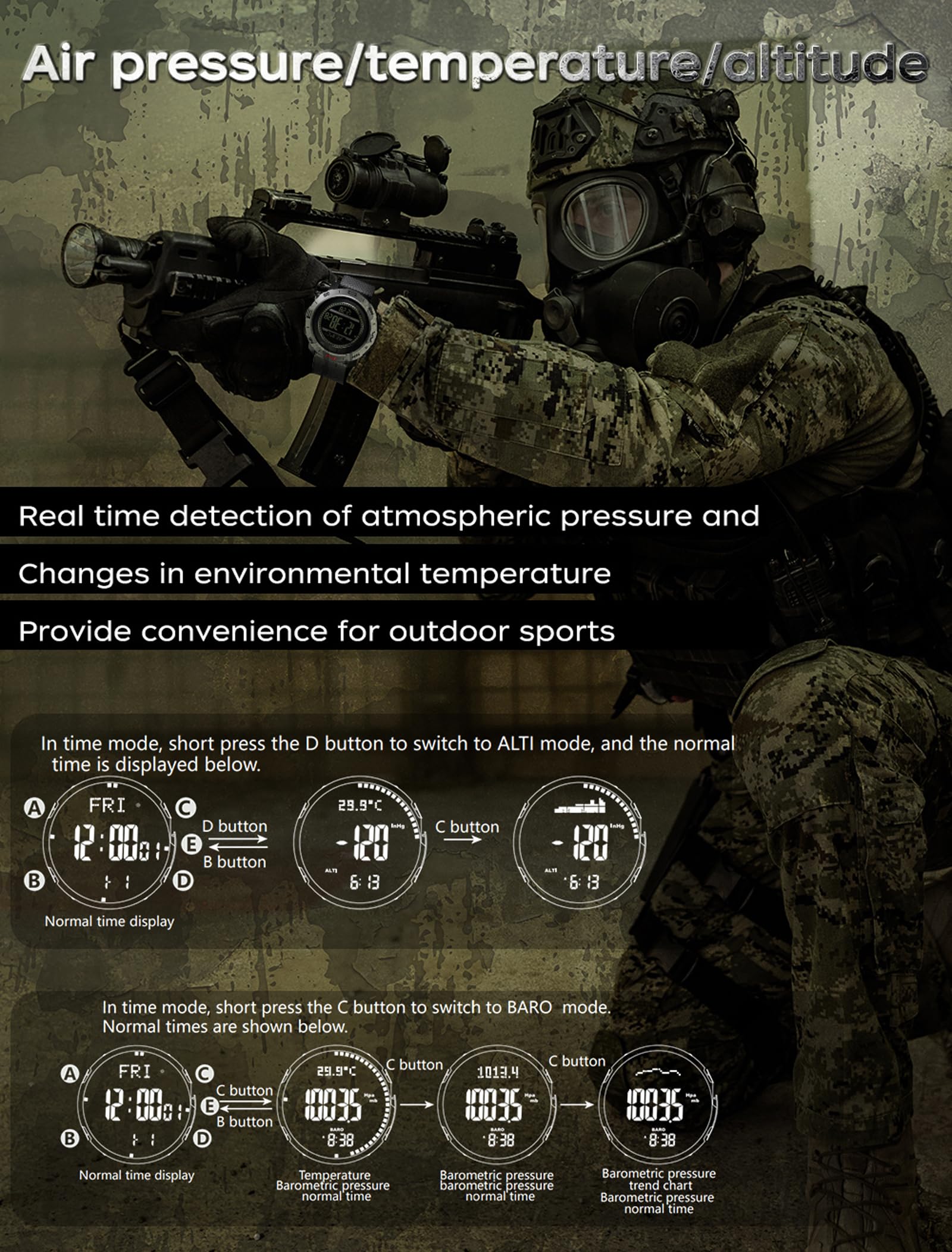 Findtime Men's Military Watches for Men Tactical ABC Digital Watch Outdoor Sports Altimeter Barometer Compass Thermometer Fitness Tracker Watch Step Counter Dual Time Stopwatch Countdown Waterproof Wristwatch