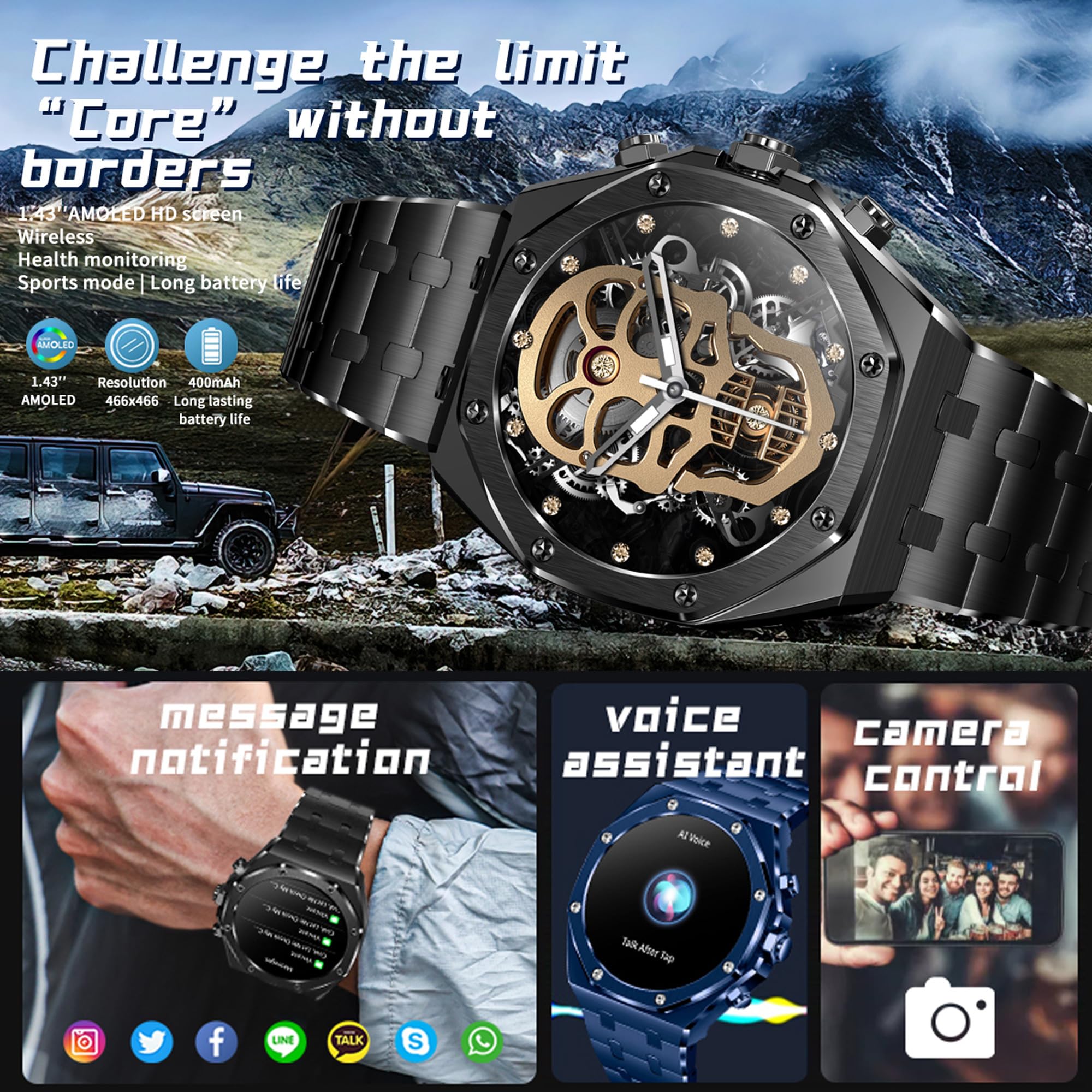 Smart Watches for Men Answer/Dial Calls Message Notification Smartwatch Compatible with iPhone and Android Phones Heart Rate Monitor Sleep Tracker Sports Modes 1.43" AMOLED Display Step Counter