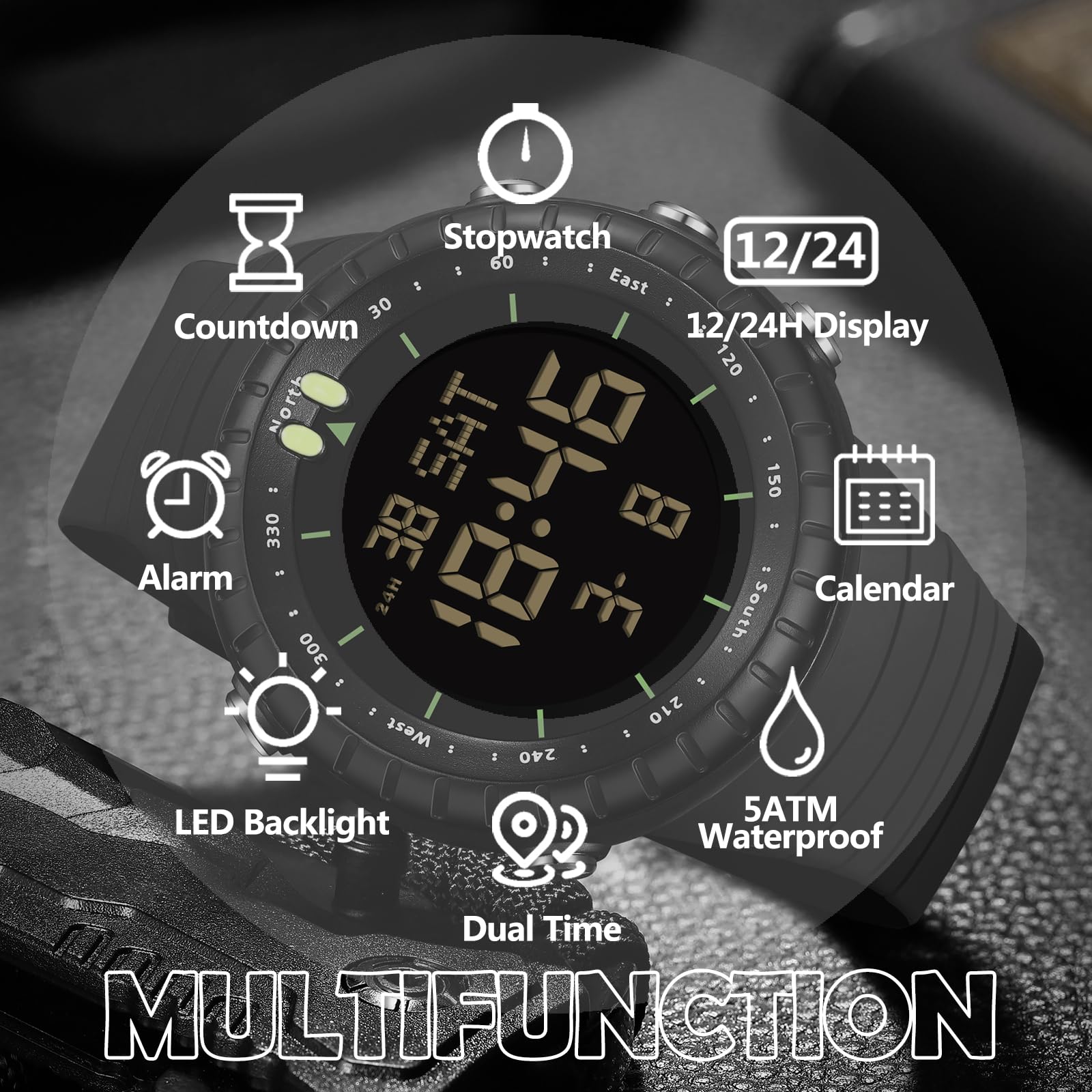 Findtime Mens Digital Watch Tactical Waterproof Large Numbers Alarm Countdown Stopwatch Sports Running Military Watches for Men Simple Electronic Wristwatch