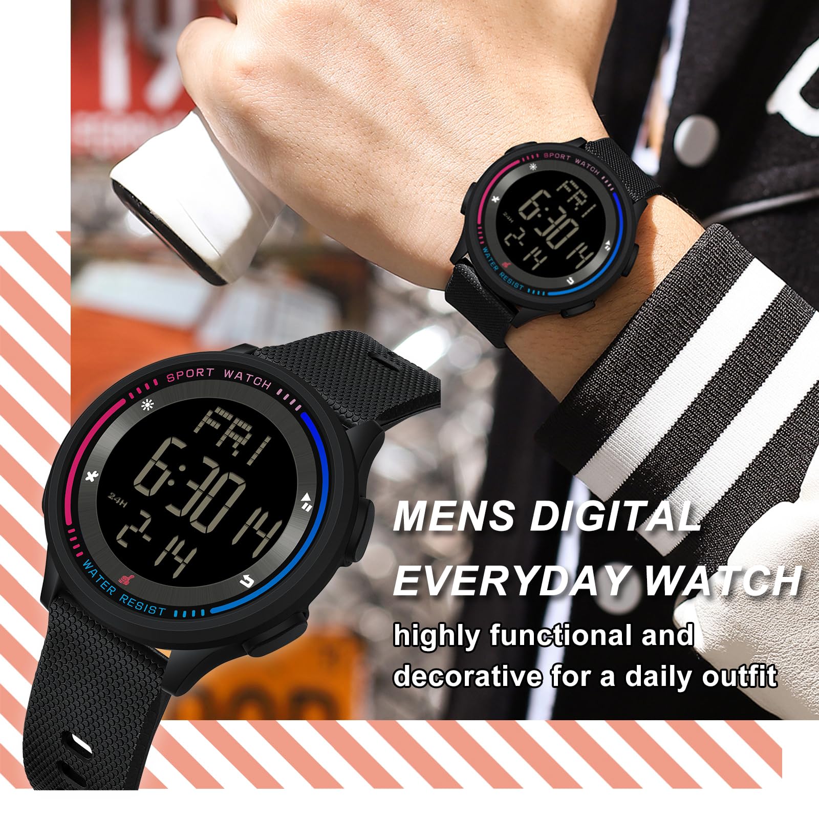 Findtime Sports Watches for Men Digital Waterproof Watch Alarm Clock Stopwatch Countdown Calendar Tactical Mens Watch Running Outdoor Relojes para Hombres Hiking Dual Time