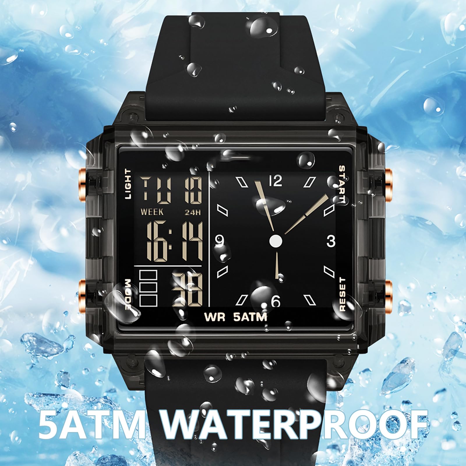 Findtime Digital Watches for Men Women Waterproof Unique Rectangle Watch Stopwatch Countdown Alarm Analog Silicone Strap Transparent Case
