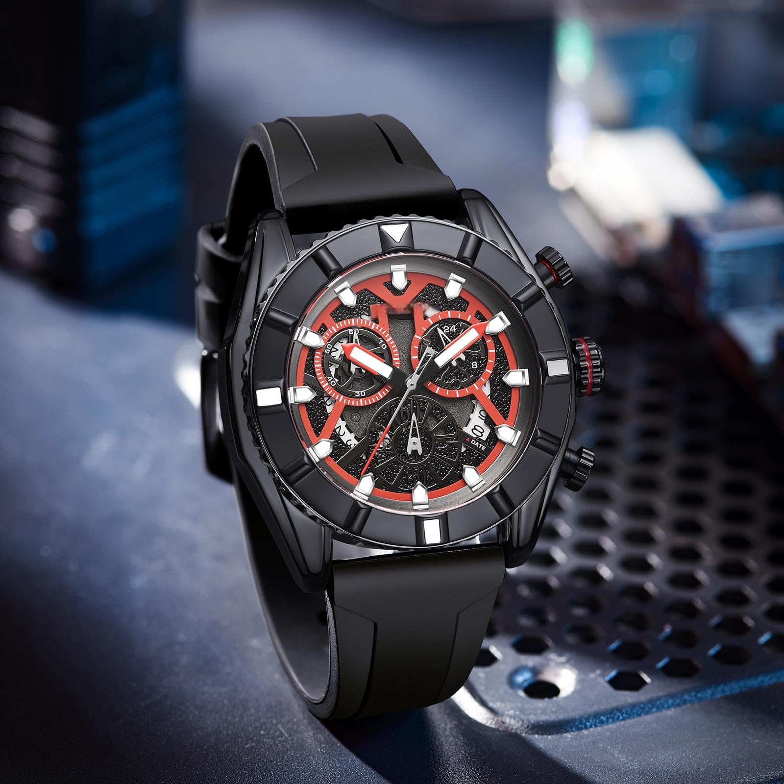 Findtime Watch for Men,Sport Designer Analog Chronograph Quartz Business Stylish Watches Luminous Date Calendar Silicon Strap