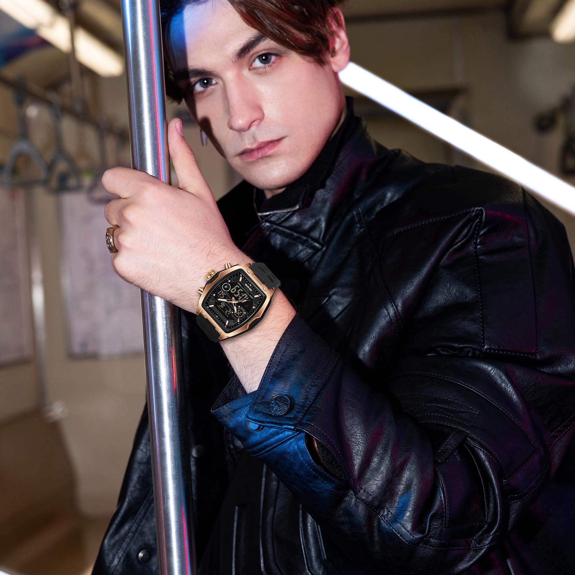 Findtime Men's Watch Sport Waterproof Watches Military Square Digital Analog Wrist Watch Unique Fashion Tactical Watches with LED Stopwatch Countdown Alarm Curved Screen