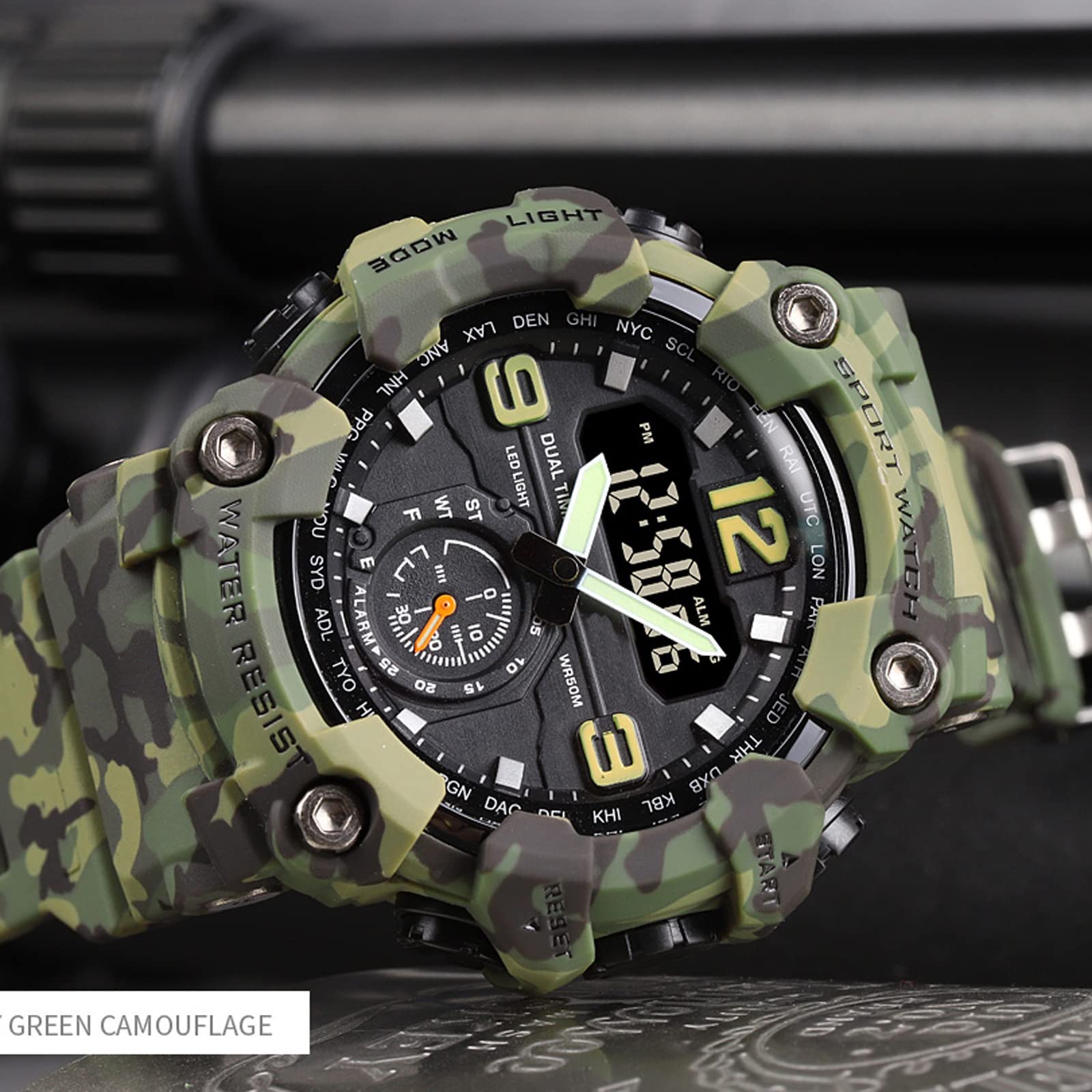 Findtime Big Face Men's Watches 50M Waterproof, Mens Analog Digital LED Outdoor Sport Watch 12H/24H Stopwatch Three Time Display