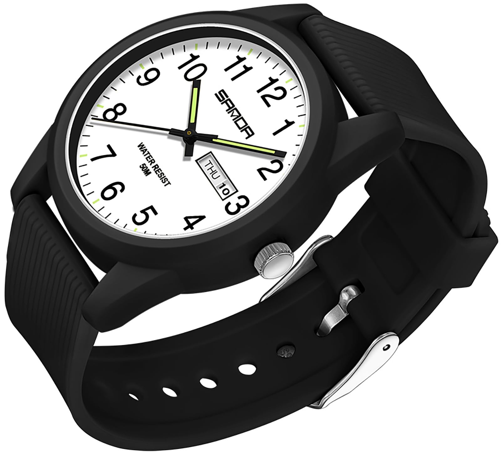 Findtime Day Date Watches for Men Easy Read Dial with Luminous Analog Second Hand Gold Arabic Numerals Waterproof White Silicone Band