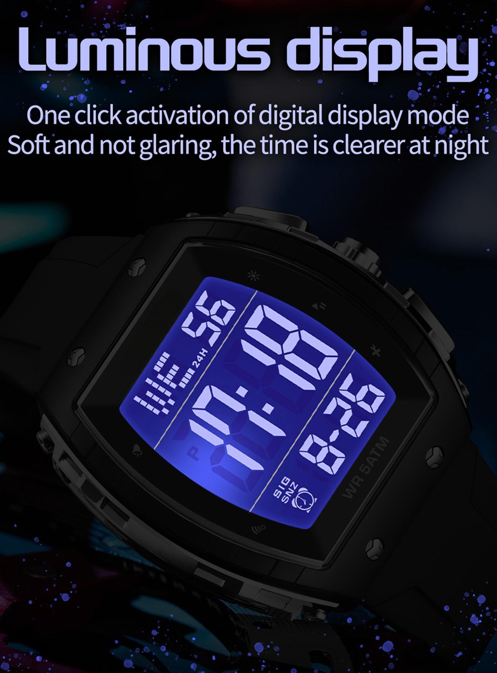 Findtime Men Digital Watches Dual Time Zone with LED Backlight Alarm Stopwatch Silicone Strap 5ATM Waterproof for Travel/Sport/Business Easy Read Fashion Birthdays Gift for Him