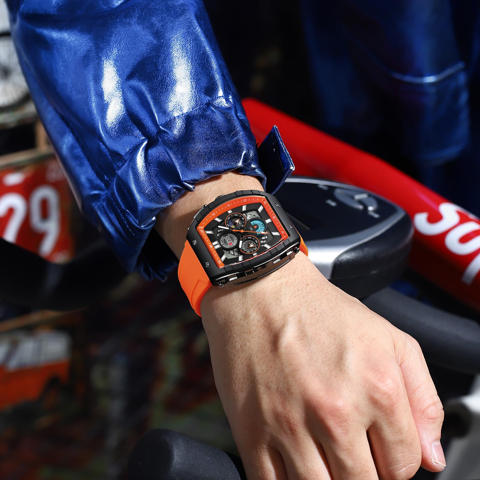 Findtime Men's Watch Fashion Analog Watches Tonneau Unique Sport Wrist Watch Quartz Chronograph Waterproof Watches with Luminous Calendar Curved Screen