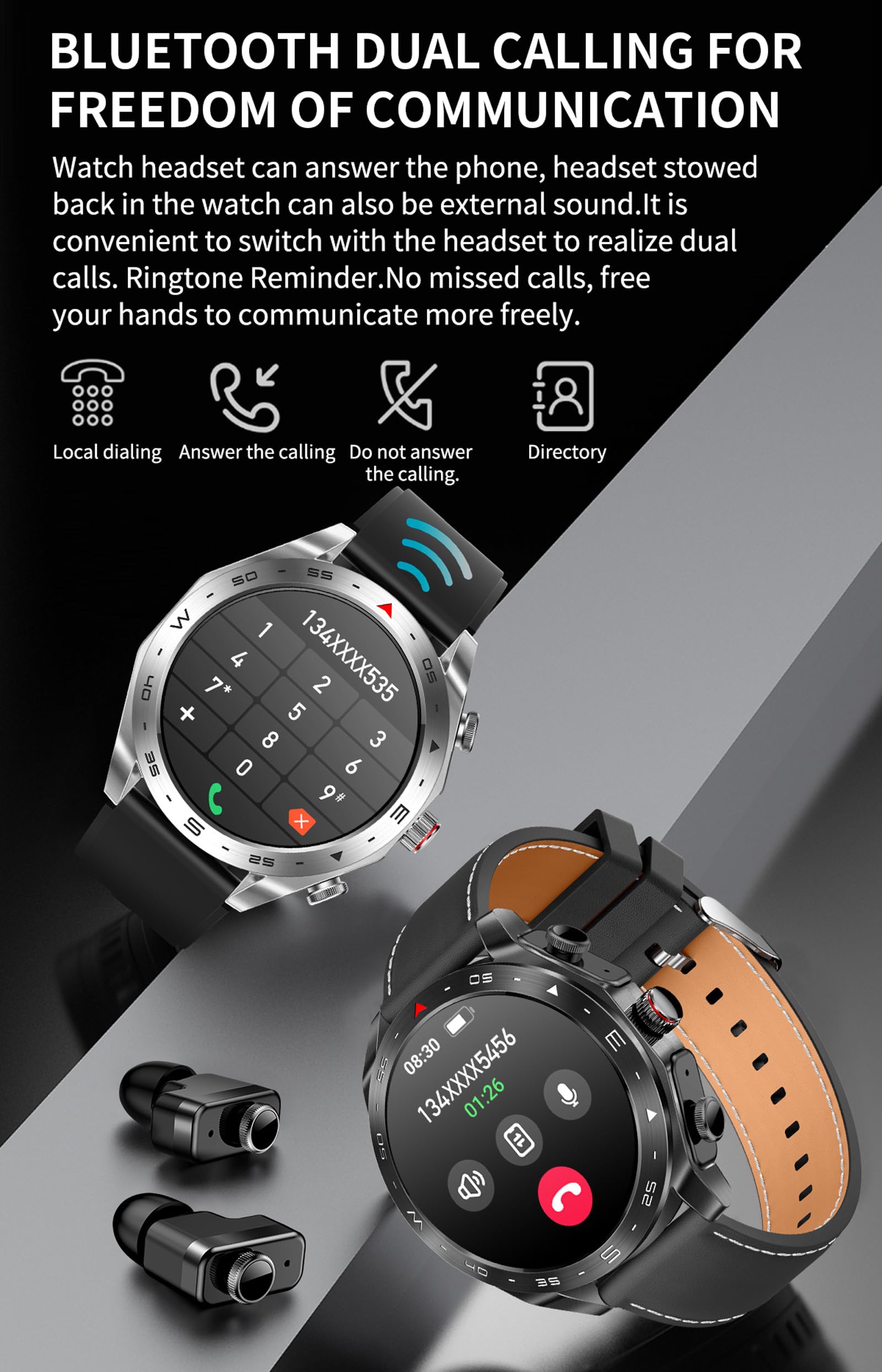 Smart Watches for Men with Wireless Earbuds Waterproof Men Watches HiFi Headphones Blood Pressure Monitor Heart Rate Monitor Sleep Tracker Bluetooth Call Fitness Tracker Step Counter for iOS Android