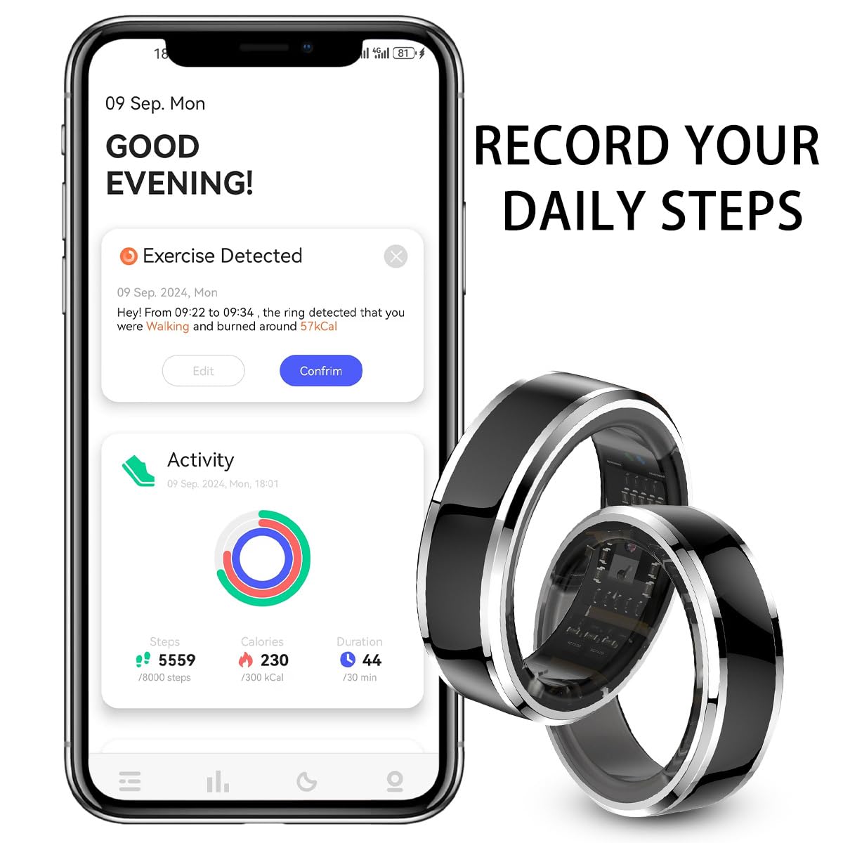 Smart Ring Health Tracker Fitness Ring Heart Rate Monitor Sleep Sports Modes Smart Ring Step Counter Calorie Pedometer Smart Rings for Android & iOS