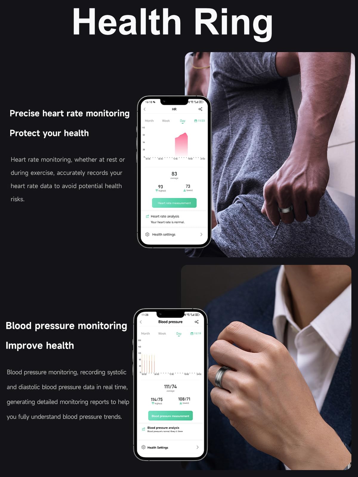 Smart Ring Ultra Narrow Sleep Heart Rate Monitor Ring Blood Pressure Health Fitness Tracker Step Counter Calories Waterproof Remote Camera Smart Rings