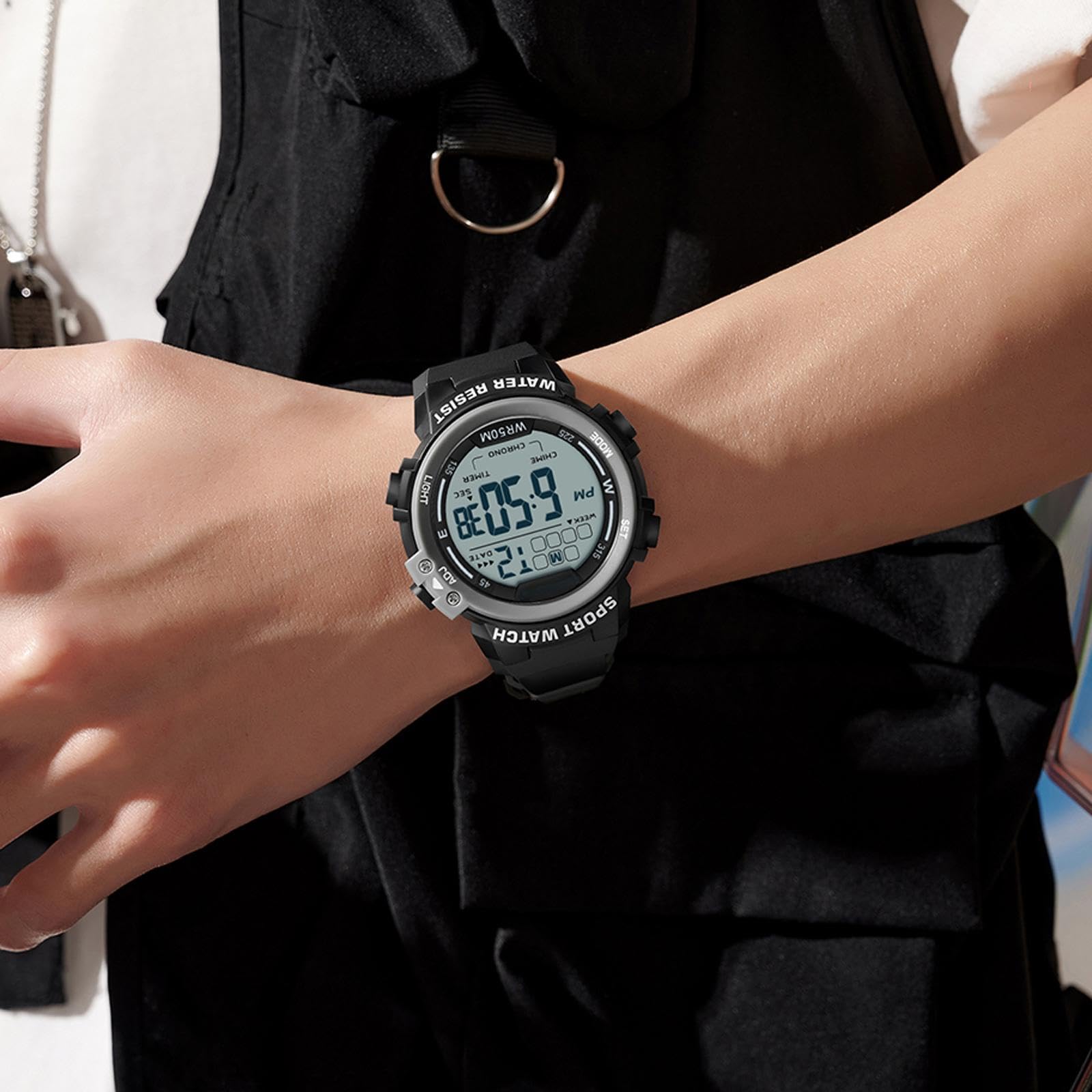 Findtime Sports Watches for Men Digital, Big Face LED Dial Easy to Read Time Wrist Watch with Countdown Timer Dual Time 5Bar Waterproof