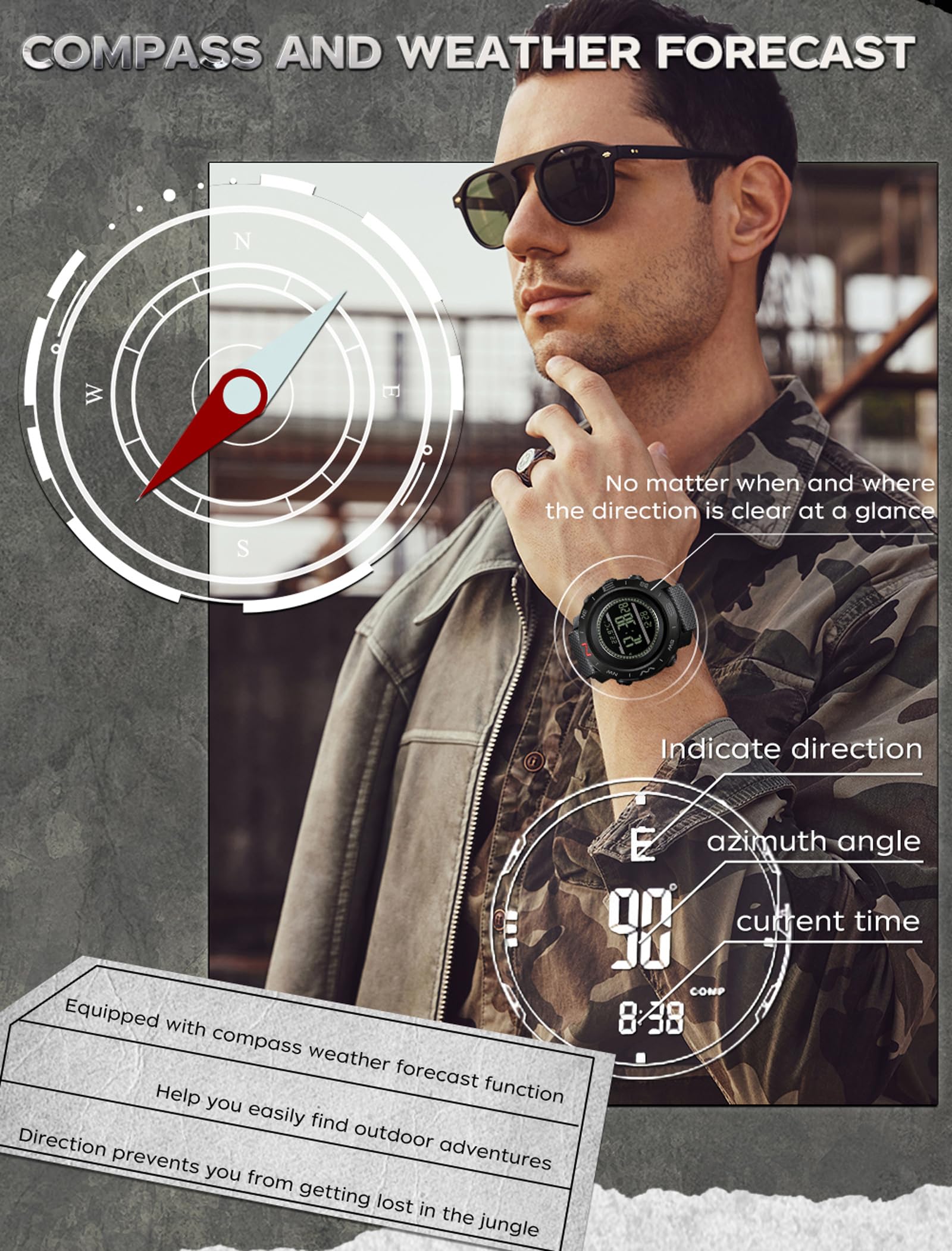 Findtime Men's Military Watches for Men Tactical ABC Digital Watch Outdoor Sports Altimeter Barometer Compass Thermometer Fitness Tracker Watch Step Counter Dual Time Stopwatch Countdown Waterproof Wristwatch